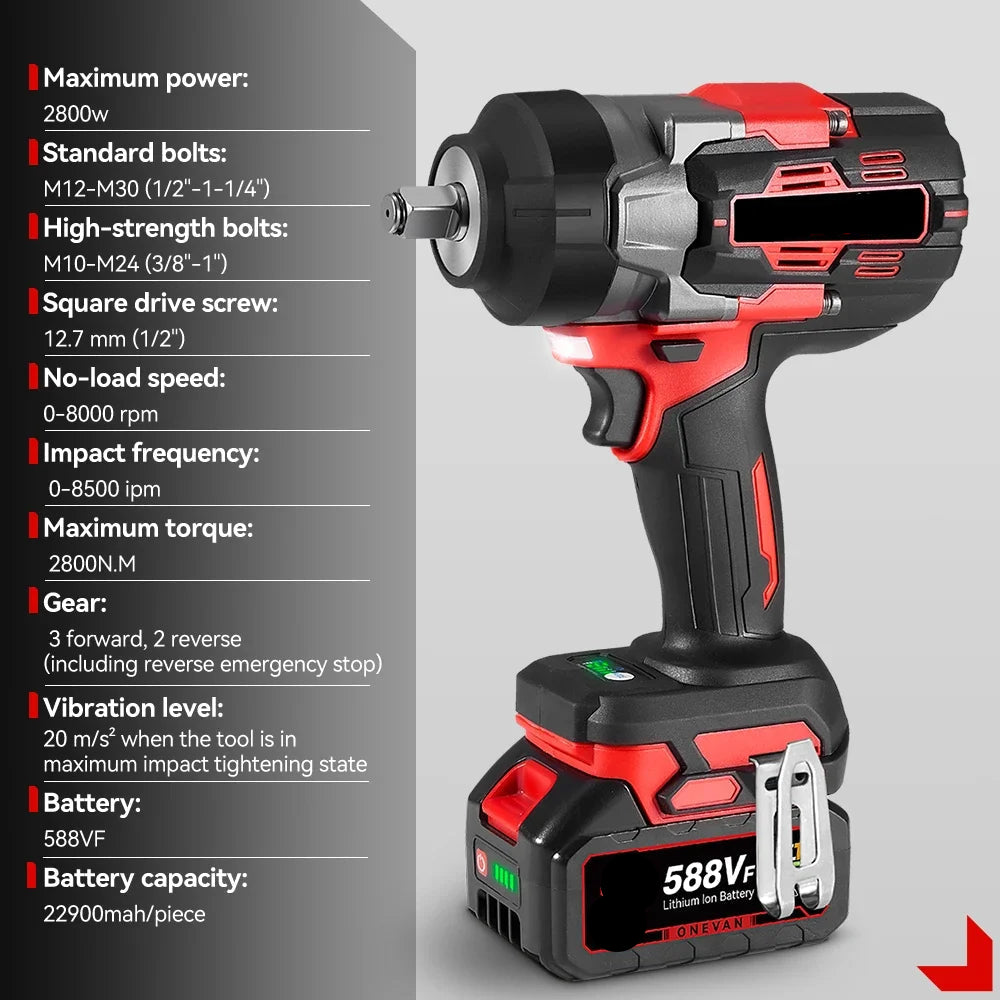 Slagmoersleutel - met Accu - Slagschroevendraaier - Brushless - 2800Nm Draadloze - 1/2 Inch - Elektrische - Koppel -18V Batterij - Handgereedschap - Zonder Batterij - Rood