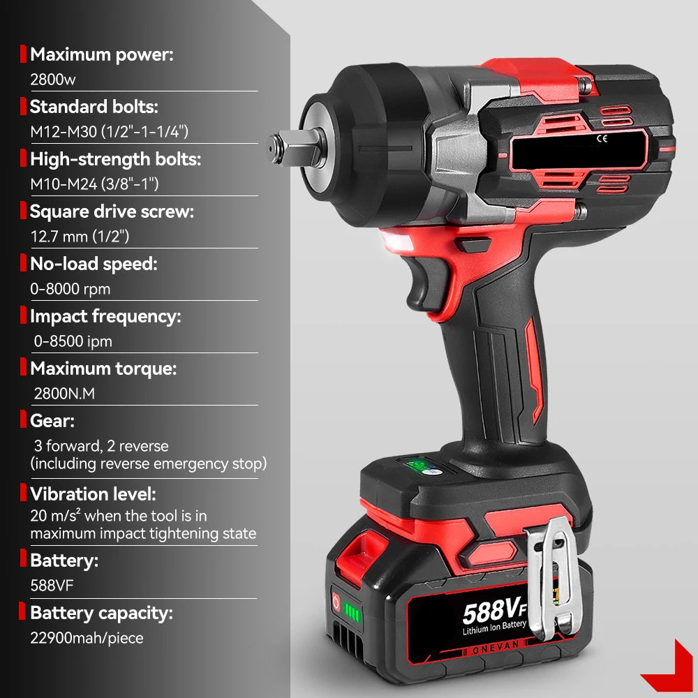 Slagmoersleutel - met Accu - Torque - Elektrische - 2800W - Slagschroevendraaier - 8000RPM - Borstelloze - 1/2 Inch - 18V - 2800Nm - Zonder Batterij