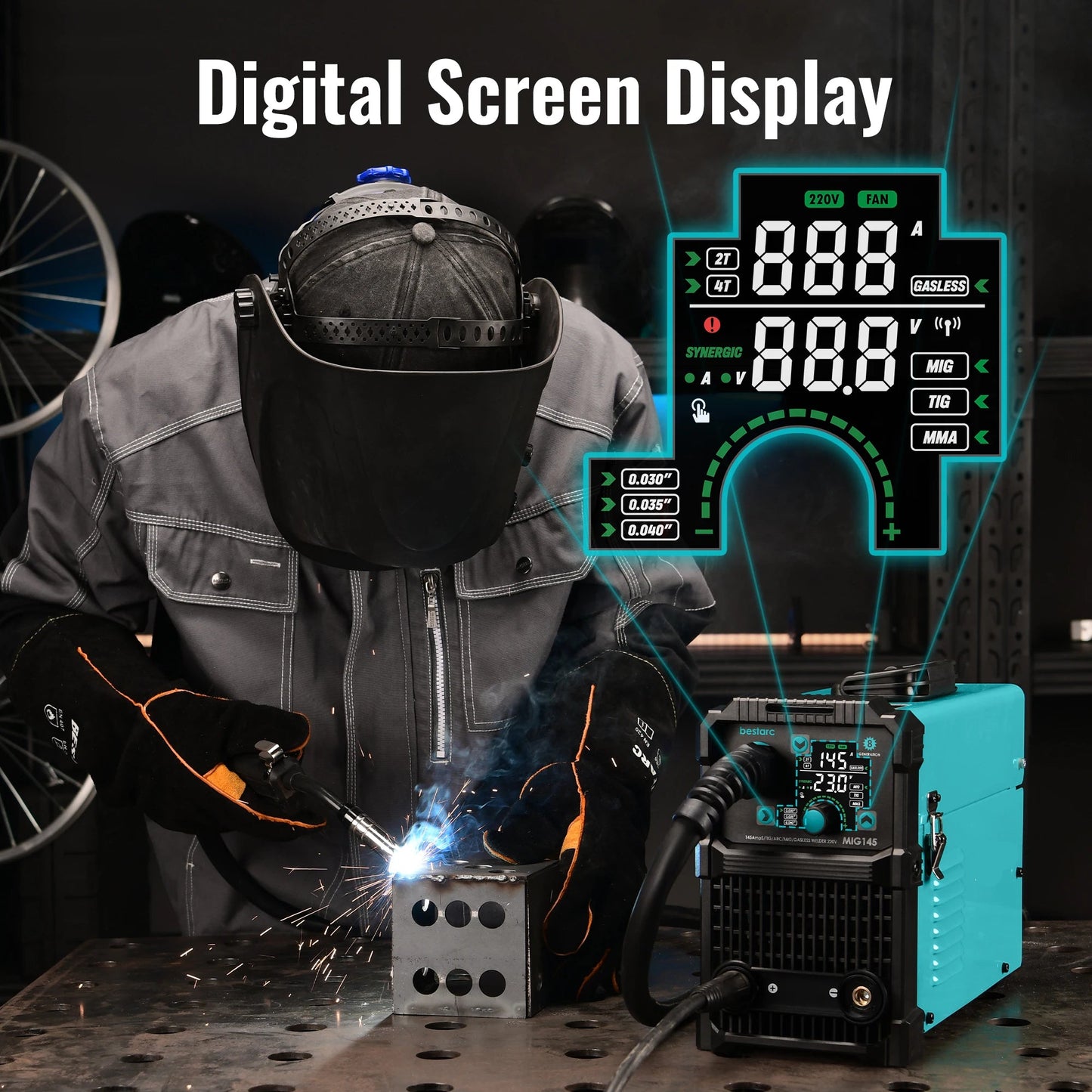 Elektrode Lasmachine - Lasmachine - Lasapparaat - Digitaal Inverterlassen - Draagbare - MIG - Lift TIG - Stick - Digitaal Display - 220V eenfasespanning - Blauw - QUORE