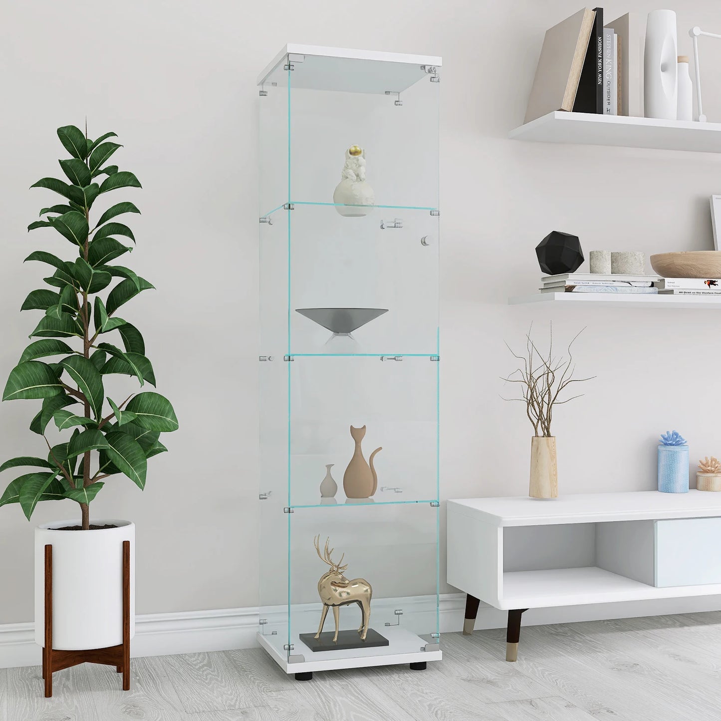 Comanlai 4 Shelves Glass Display Cabinet with Door,Floor Standing Curio Bookshelf for Living Room,42.5×36.5×164cm