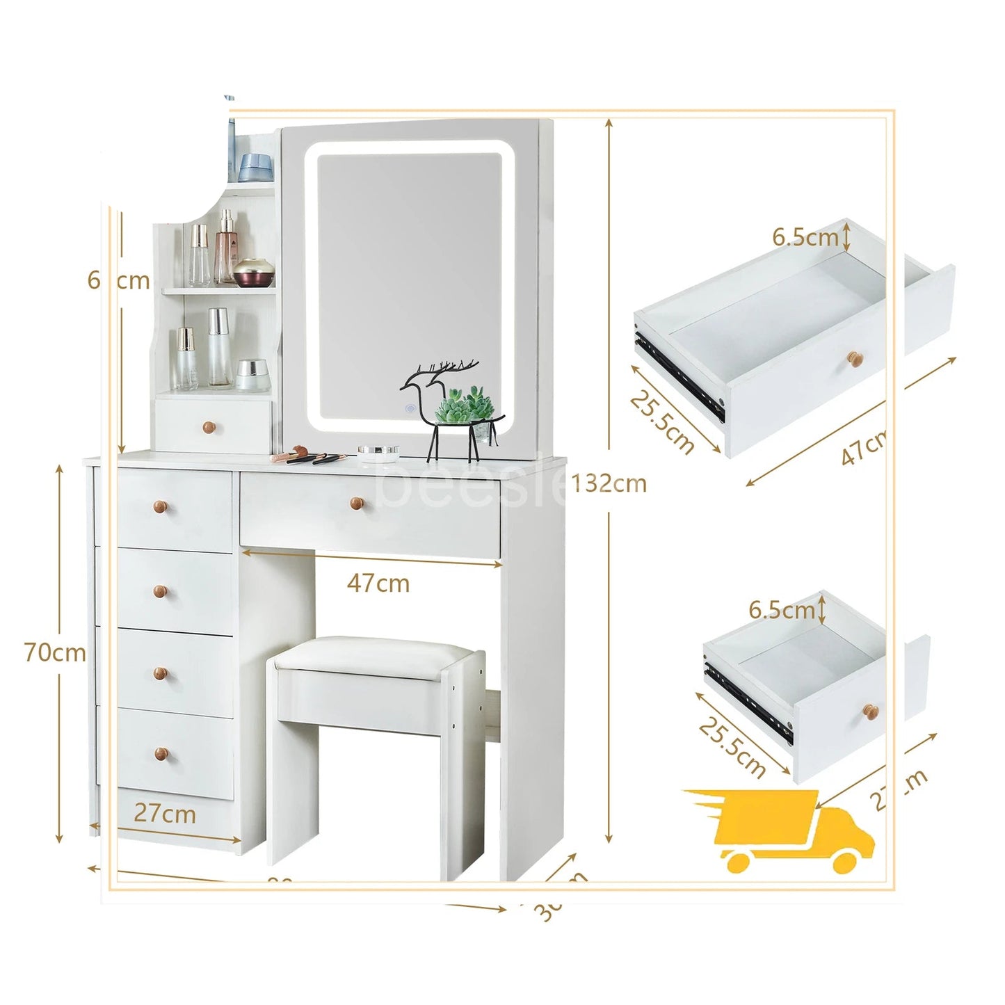 Kaptafel – Make-uptafel – Schminktisch – Vanity – Dressoir – Wit – Met Dimbare LED-Verlichting – Inclusief Comfortabele Kruk