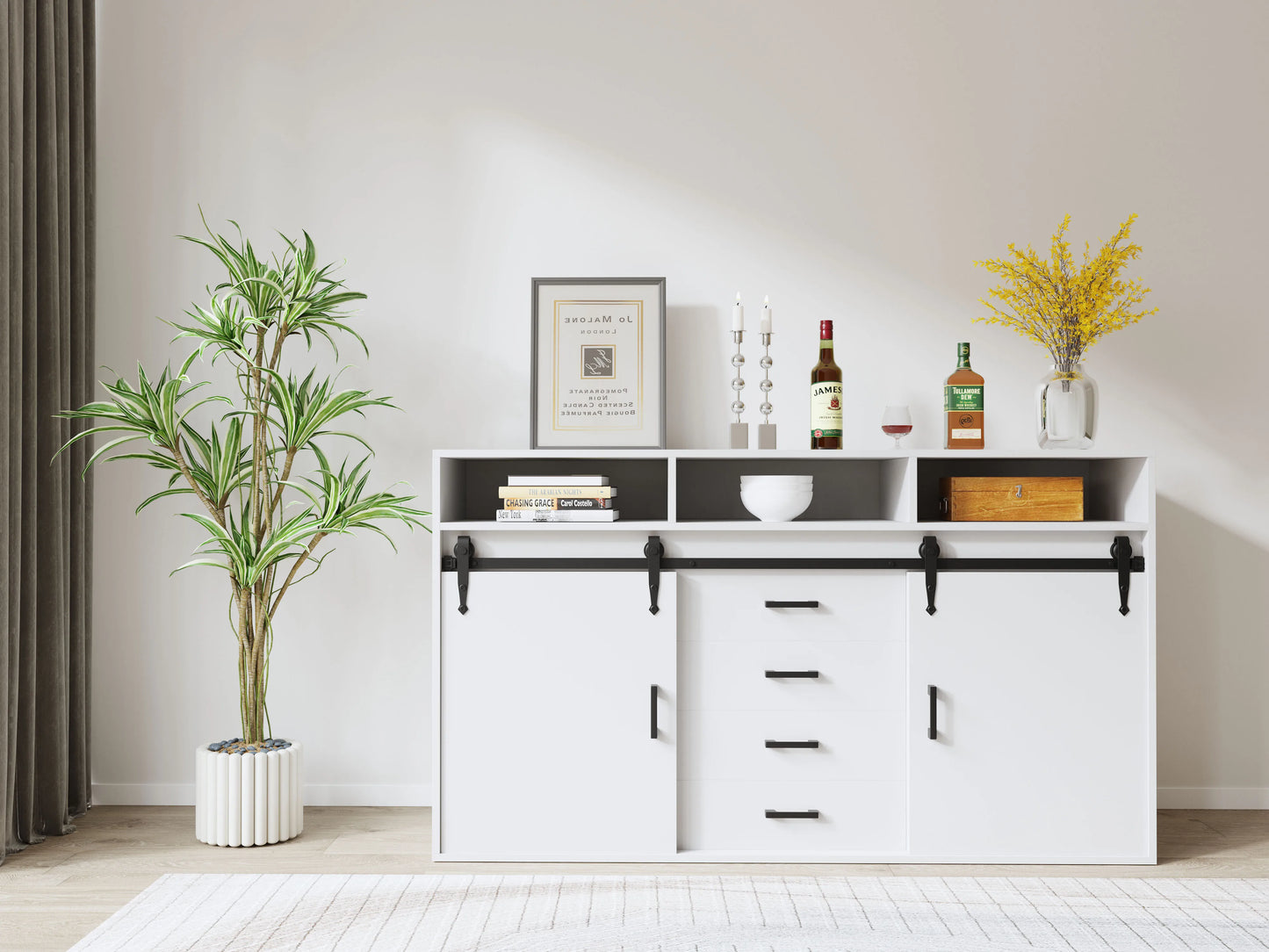 Dressoir – Dressoirkast – Sideboard – Opbergkast – Wit – 140 cm – Schuifdeuren – 4 Laden