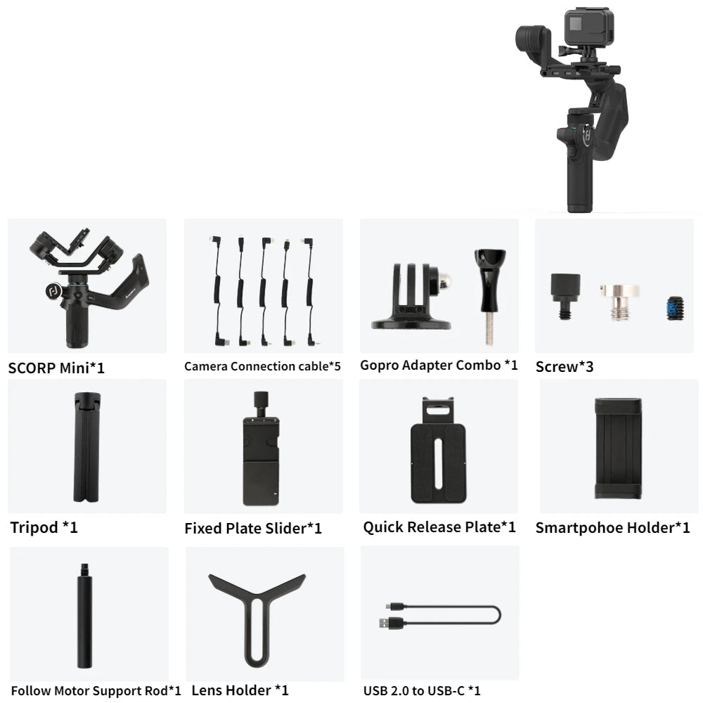Gimbal Smartphone - Stabilizer for Smartphone & Camera - Gimbal for Smartphone & Camera - 3-Axis - All-in-one - Handheld mirrorless - with AI tracker Magnetic Fill - Tilt angle +170°~-45° - 360° - Black