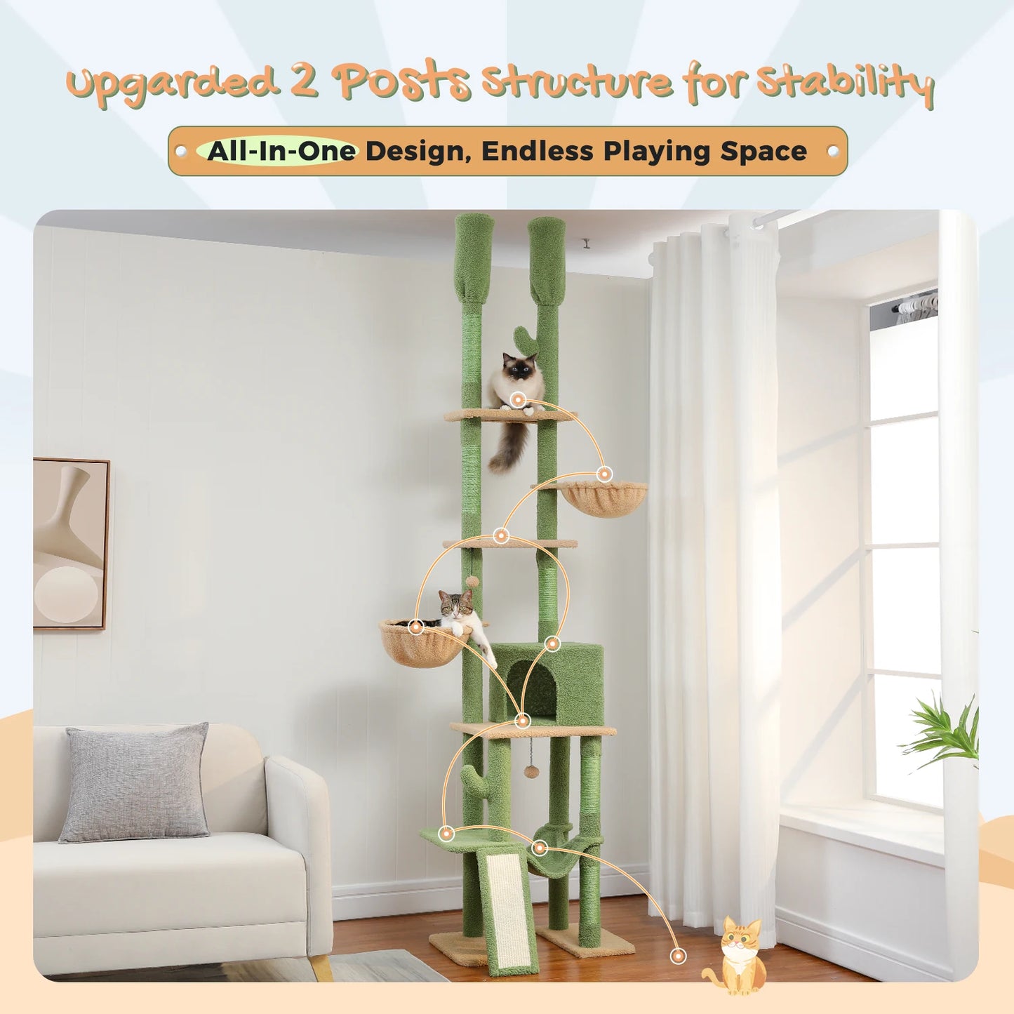 Cactus Kattentoren – Verstelbare Krabpaal met Sisal, Hangmat en 2 Mandjes – Kattenkrabpaal voor Meerdere Katten – Hoogte 216-285 cm – Kattenmeubel – Groen