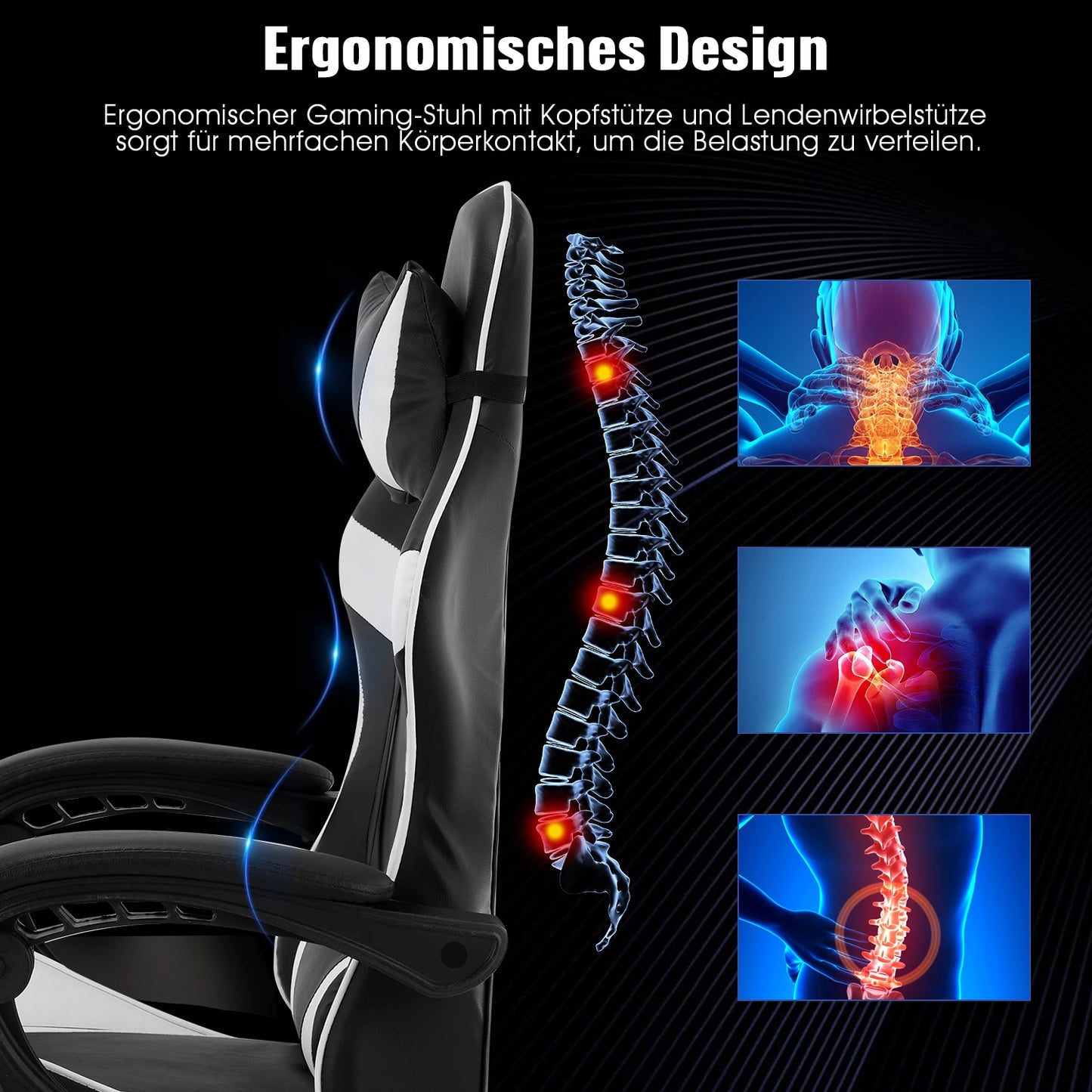 Gaming Stoel - Massage Gaming Stoel - Bureaustoel - Swivel Stoel - met Voetsteun - Hoofdsteun - Verstelbare - Rugleuning - 6-puntsmassage - Ergonomische - Draaibare - 59 x 68 - 115-125 - Zwart & Wit