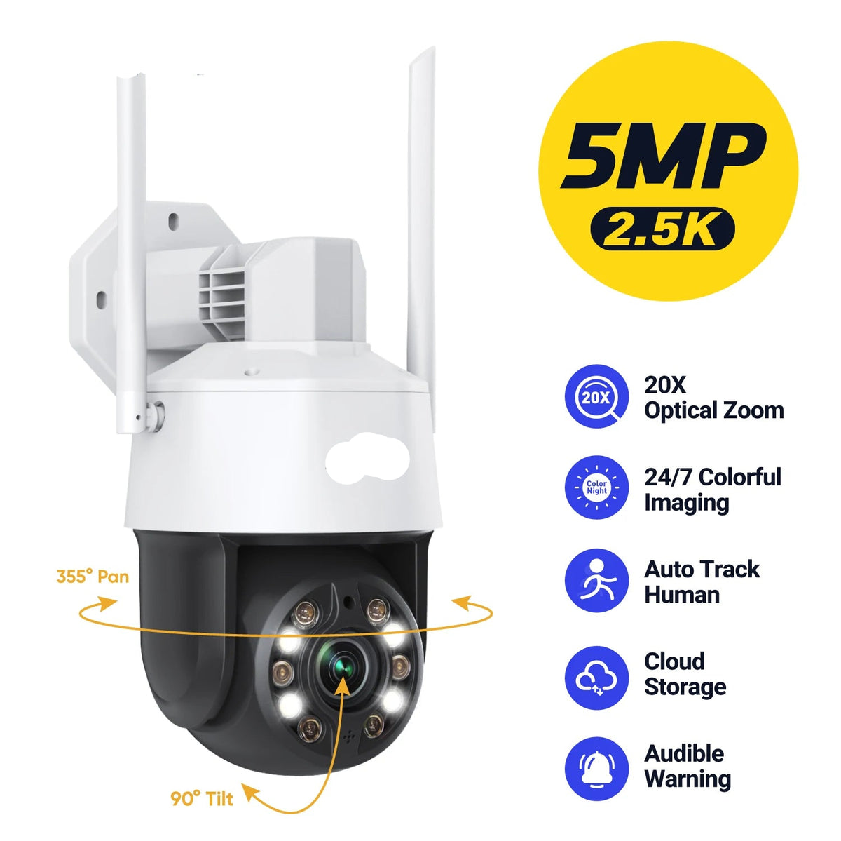 Beveiligingscamera -Bewakingscamera - Camera Met Verstelbare Dubbele Lens - H.264/H.265 - Bidirectionele audiobeveiliging - Voertuigdetectie - 5,0 megapixels - Wit - QUORE