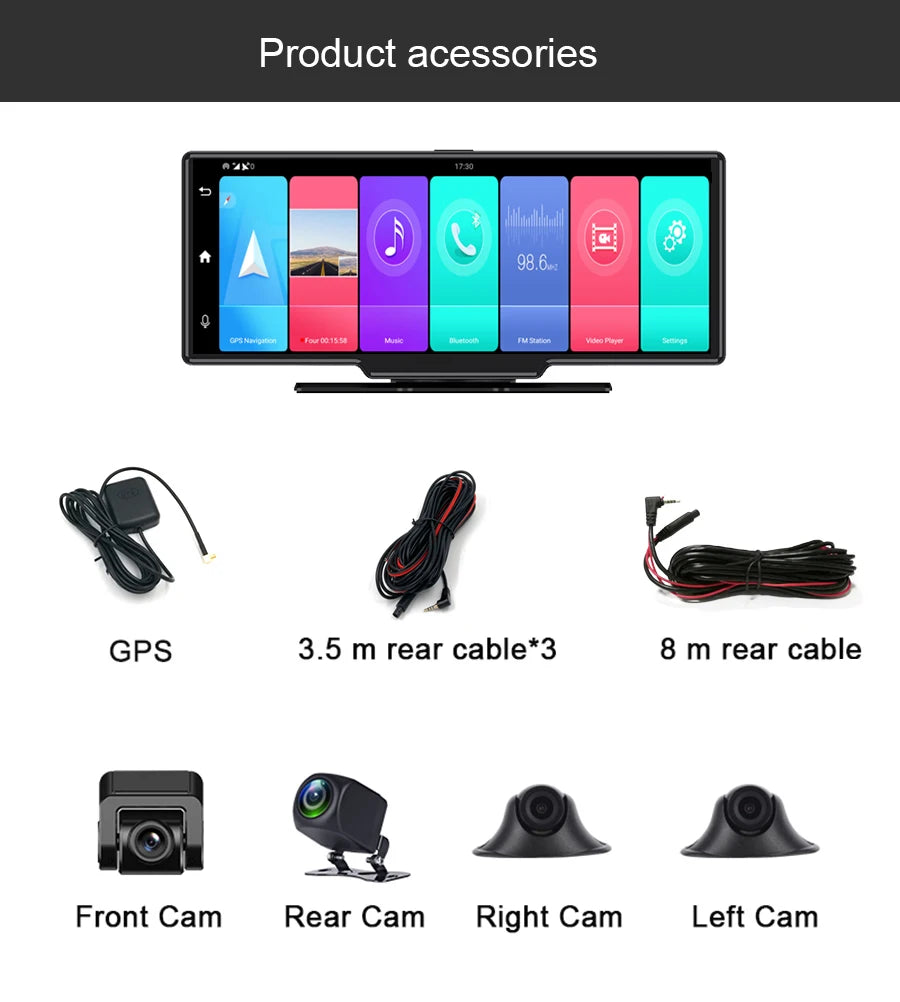 10.26 Inch Touch Screen 4 Cameras Dashcam 4G Android 9 WiFi ADAS 2GB+32GB GPS 360° Panoramic Video Recorder Parking Monitor