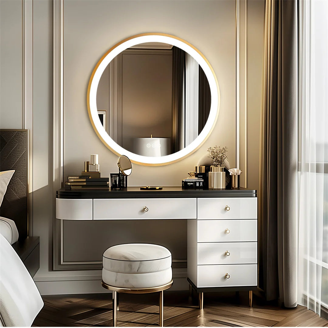 Ronde Badkamerspiegel – Spiegel Met Verlichting – Wandspiegel – Make-Up Spiegel – Led Spiegel – 60 CM – Gouden Aluminium Frame – 3-Kleurige Dimbare LED & Anti-Condensfunctie
