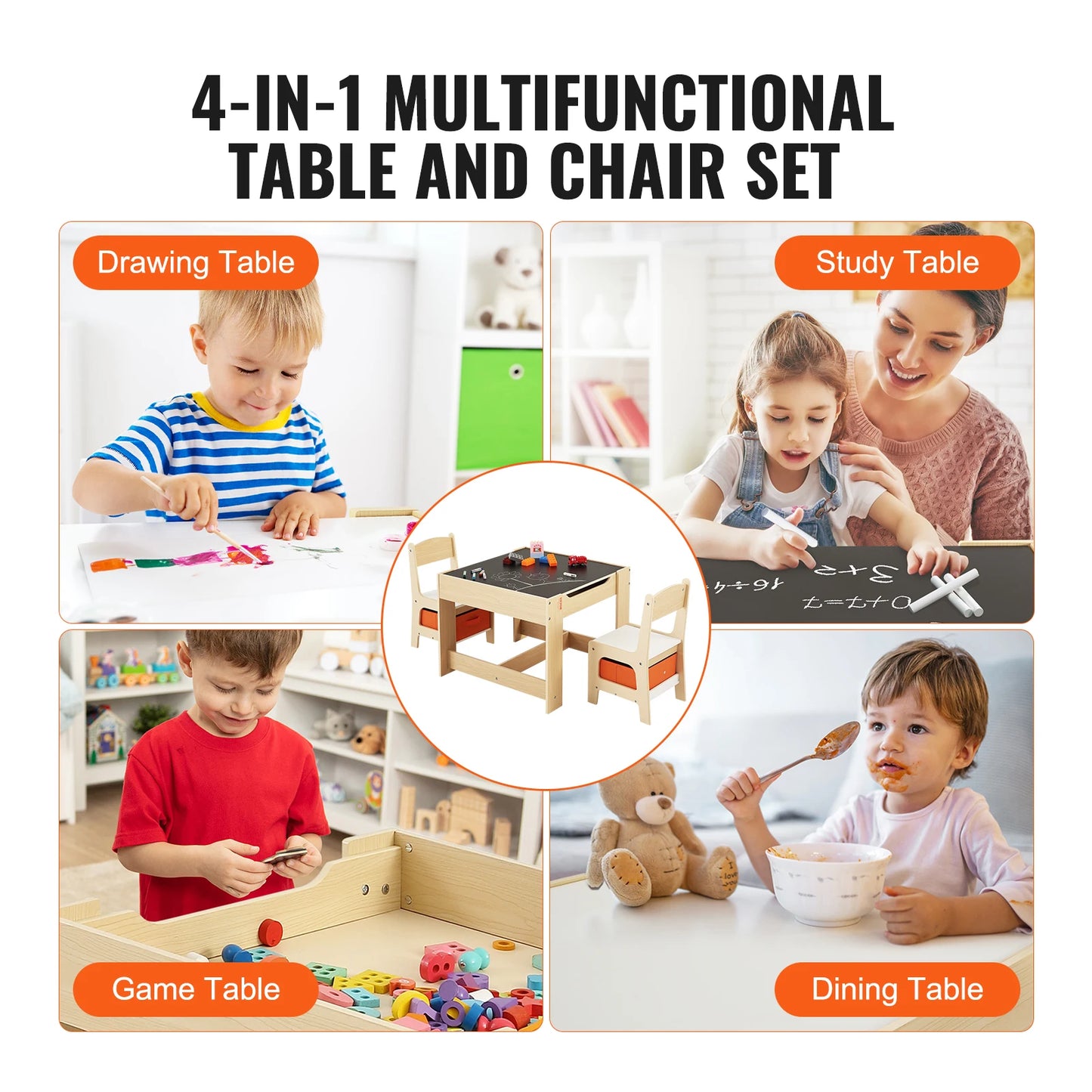 Kindertafel - Kindertafel en Stoeltjes - Kindertafel en Stoelen Set – Houten Activiteitentafel - met Opbergruimte - Dozen - voor Kunstambacht - Lezen - Leren - 61 x 61 x 48.3 cm - Zwart/Houtkleur - QUORE