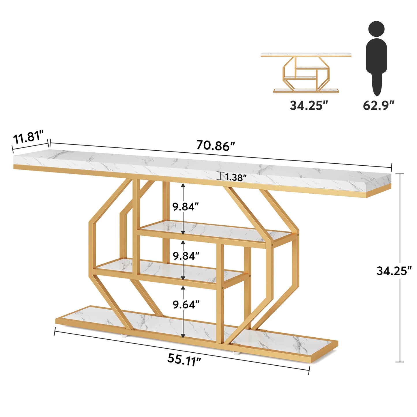 Sidetable – Extra Lange Tafel – Haltafel – Banktafel – Opbergmeubel – Marmerlook Blad – 3 Open Planken