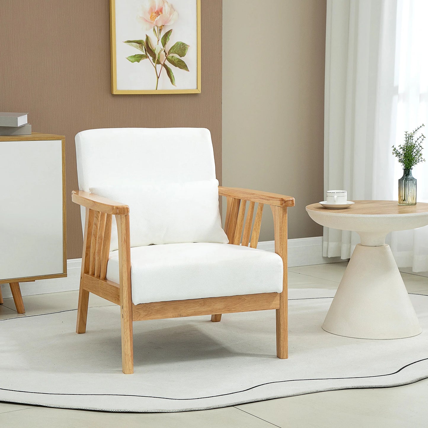 Velvet Fauteuil – Fluwelen Stoel – Velours Zetel – Luxe Lounge Chair – Comfortabele Armstoel – Zacht Velvet Bekleed – Stevig Rubberhout Frame – Inclusief Los Kussen - 68 x 75 x 78 cm - Wit