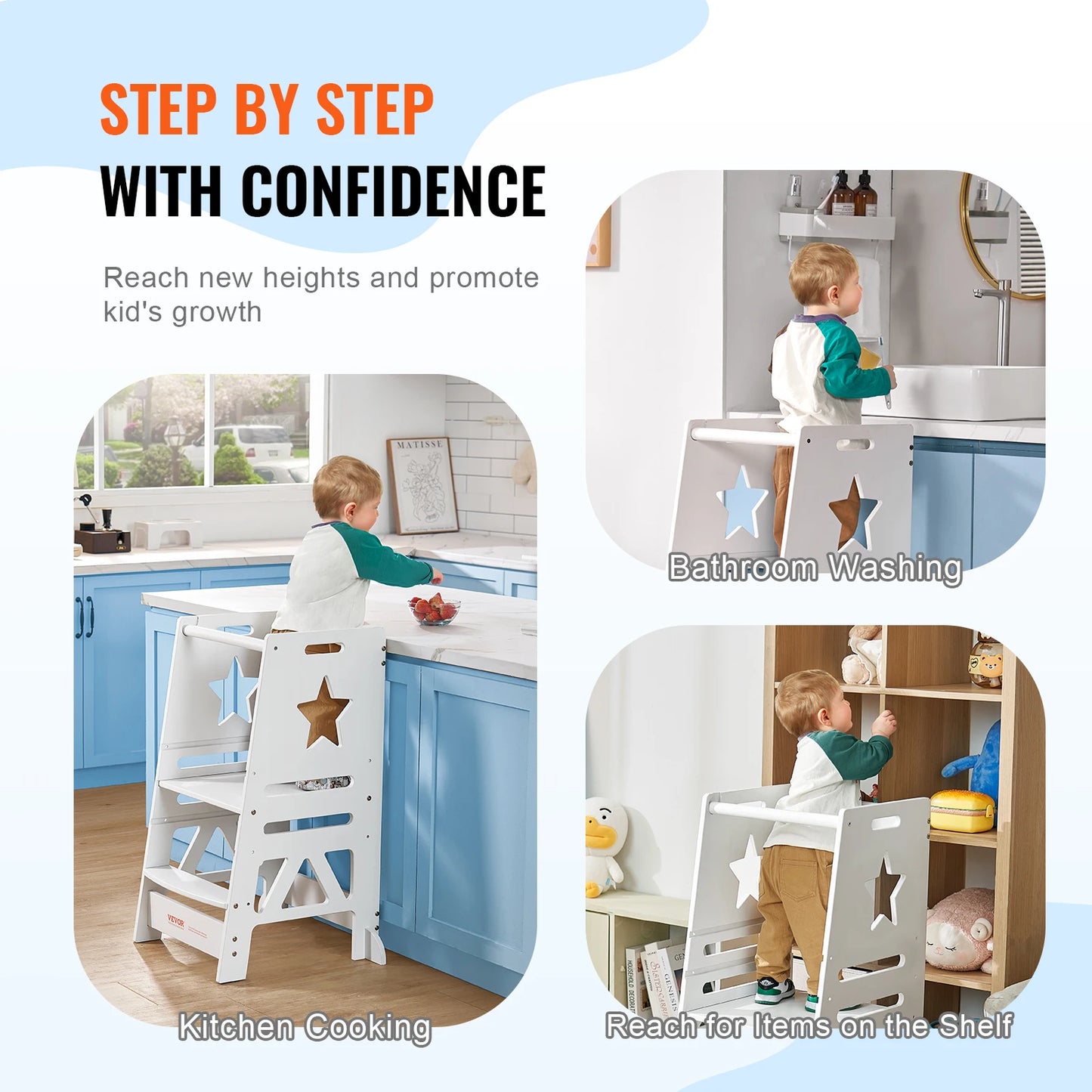 Learning Tower - Children Learning Tower - Children Step Stool - Learning Tower Kitchen Aid - Step Stool Bamboo - Height 3 levels - Adjustable - with safety rail - Kitchen Counter Bathroom