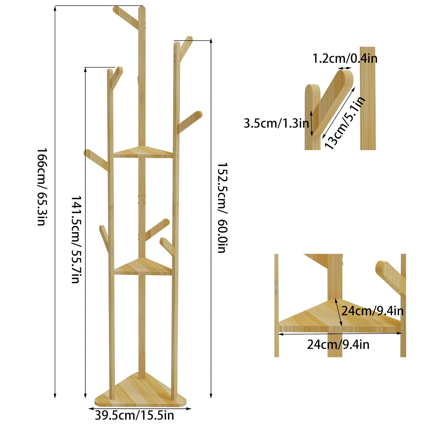 Staande kapstok - Kledingrek - Garderobekast - Garderobekast - Kledingorganizer - 163 cm x 35 cm x 35 cm - Bamboe