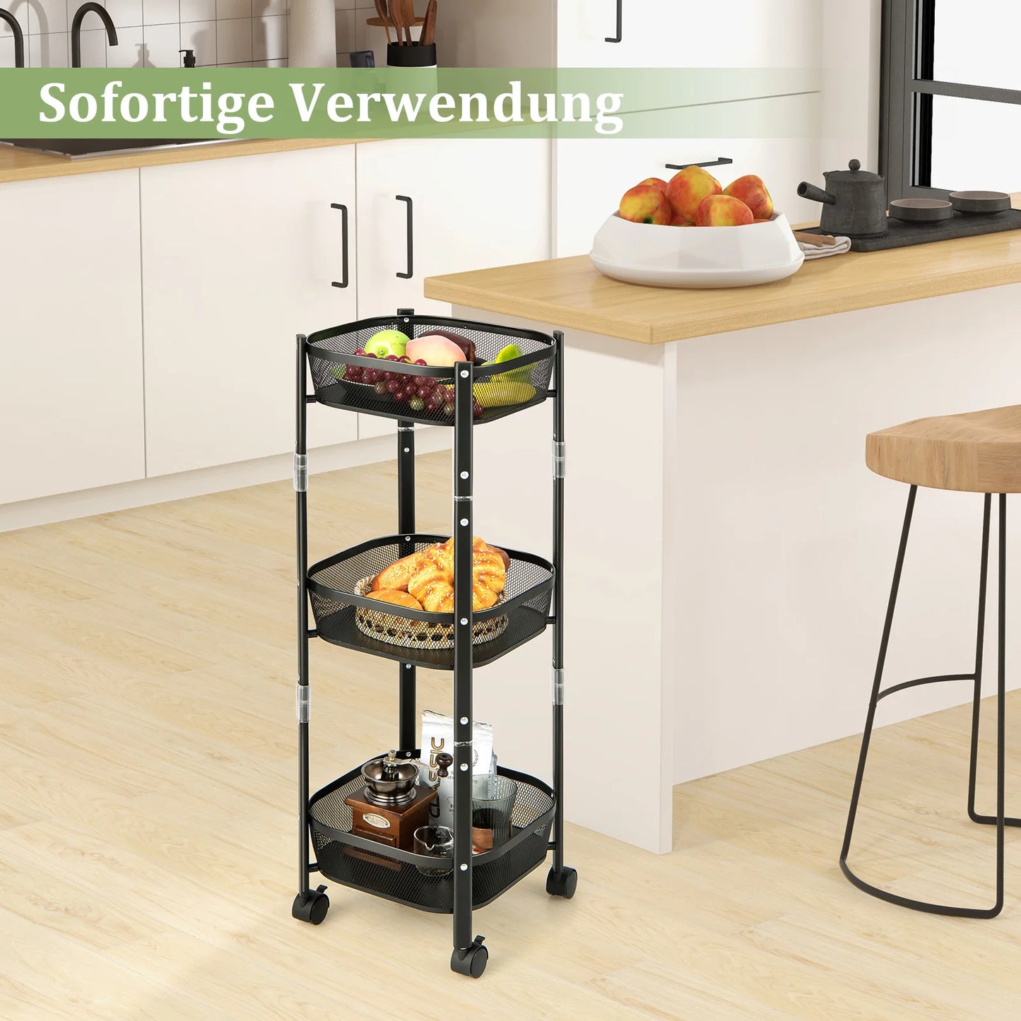 Opvouwbare 3-laagse Keuken- en Badkamer Trolley – Multifunctionele Opslagkar met Gaasmanden – Rijdende Organizer voor Keuken, Woonkamer, Slaapkamer, Babykamer – Zwart