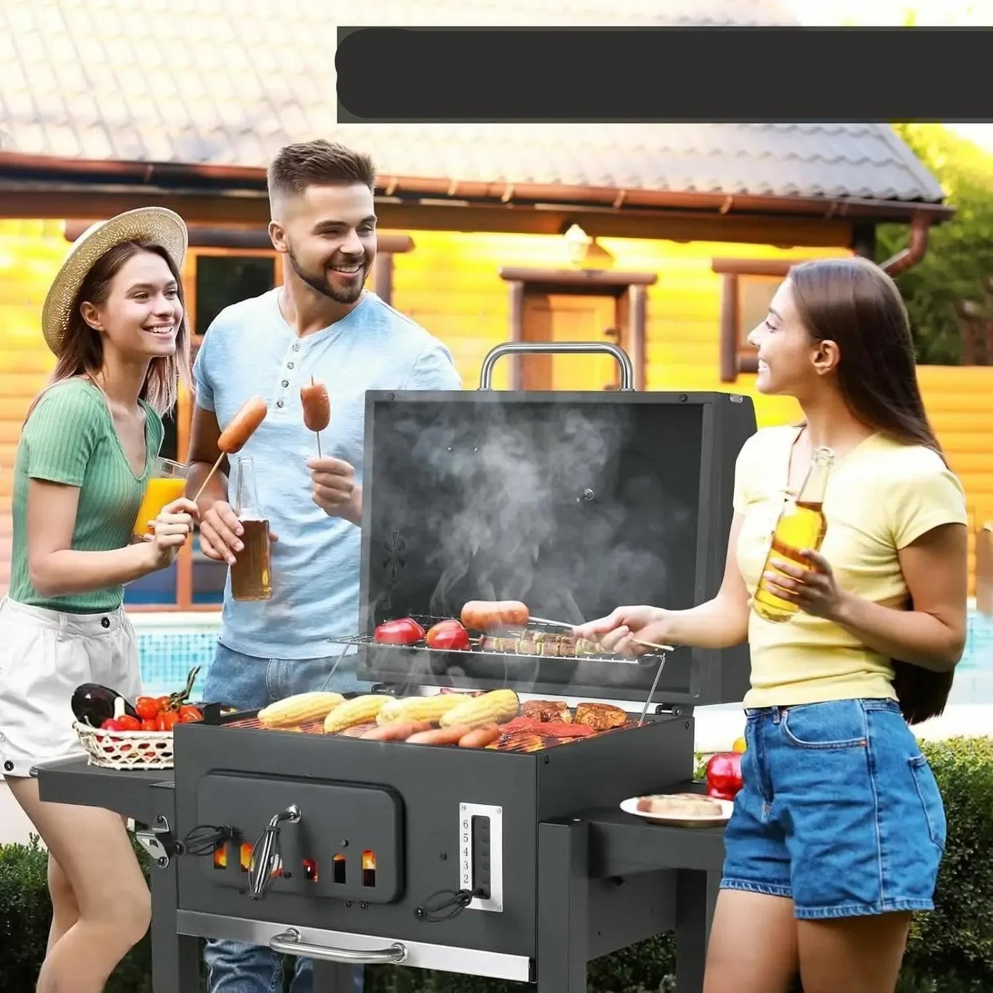 BBQ - BBQ Houtskool - Barbecue - Smoker - met Deksel, Verstelbaar Rooster en Geïntegreerde Thermometer – Draagbare Buitenbarbecue – Zwart