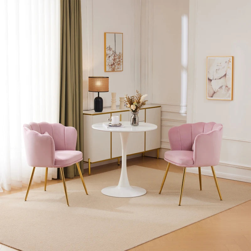 Eetkamerstoelen – Set van 2 - Velours Stoel – Lounge Stoel – Fluwelen Fauteuil – Design Fauteuil – Bloembladdesign – Ergonomisch Zitcomfort – Vergulde Metalen Poten - Roze