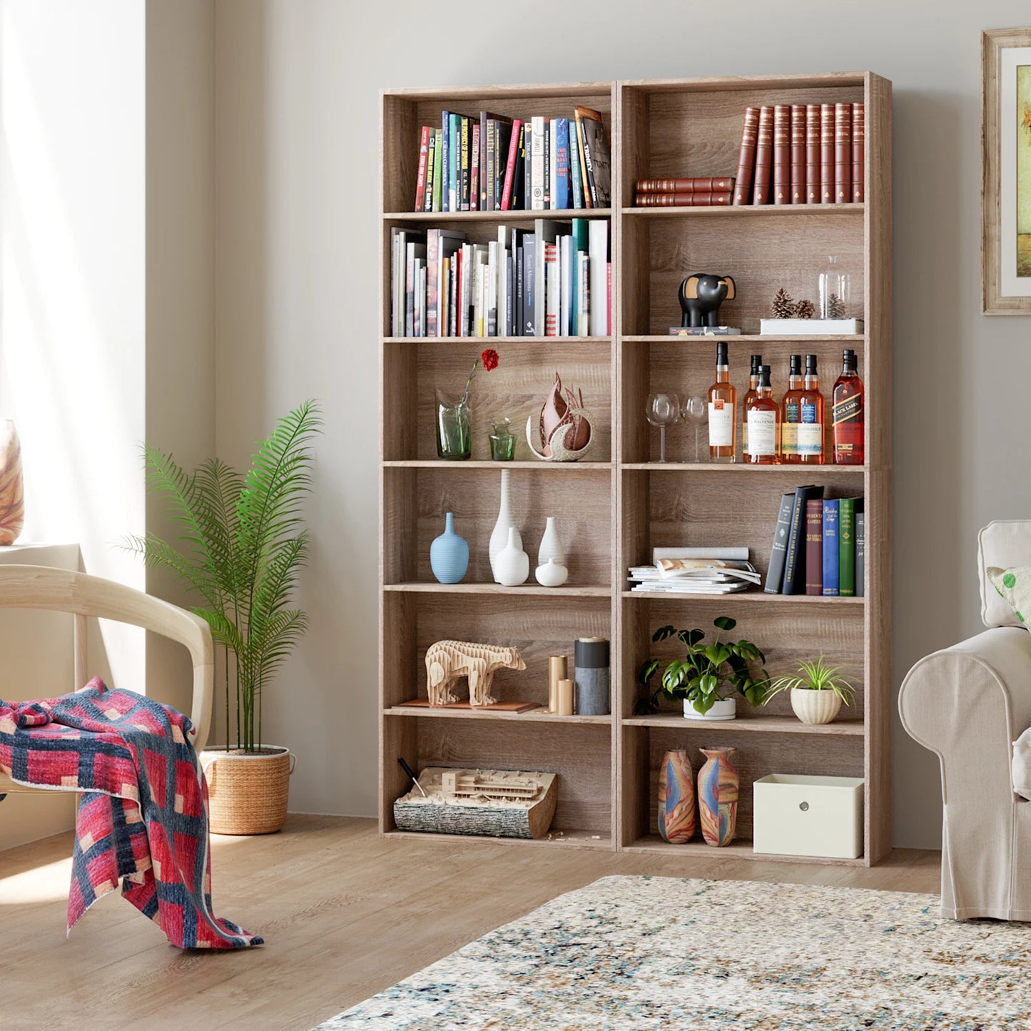 Boekenkast - Kast - Boekenrek - Hoge Kasten - Boekenkasten - 6-Tier - 180 cm Display Rek - Houten Opbergkast voor Woonkamer - Opbergsysteem - Zwart