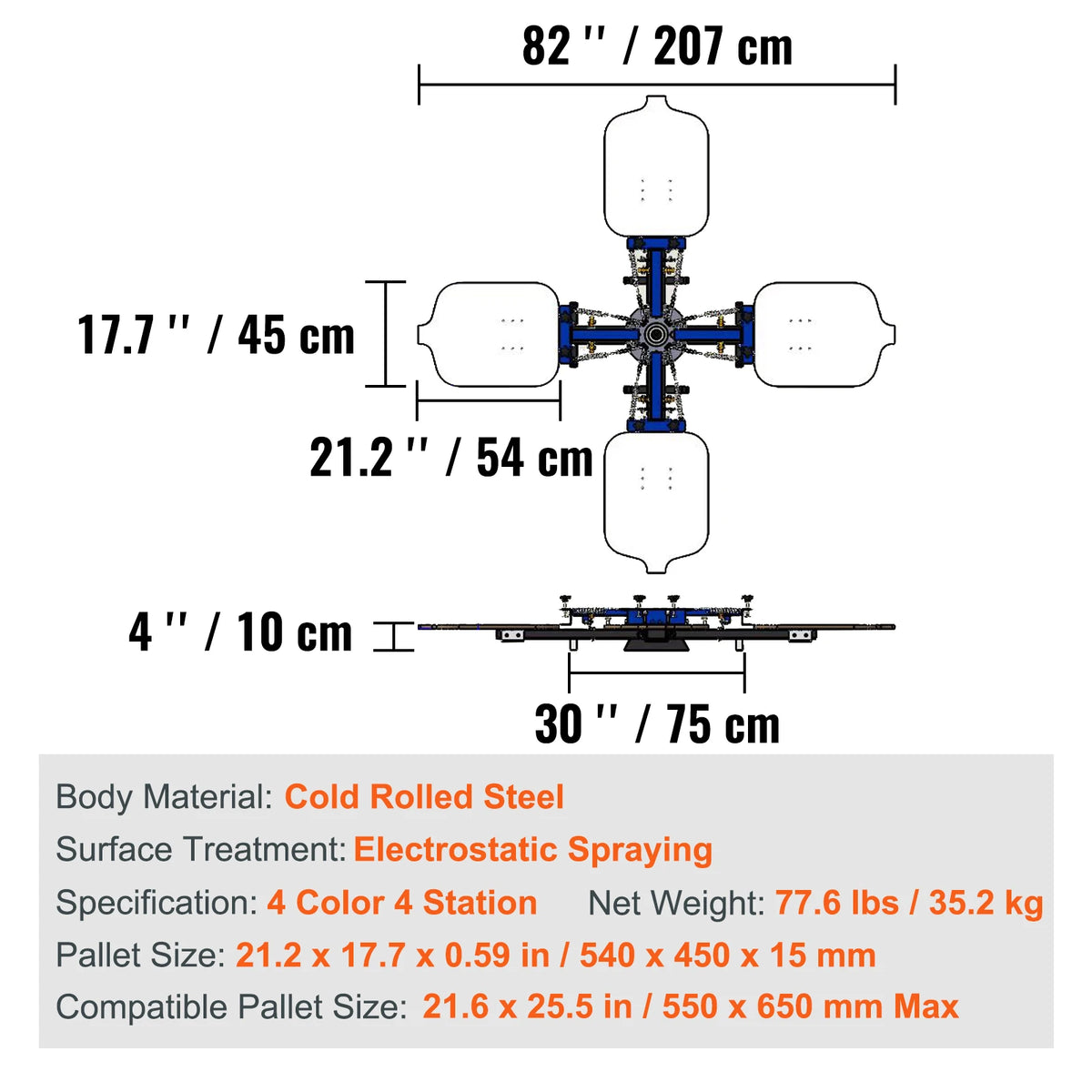 Screen printing - Screen printing machine - 360° rotatable - 54x45cm - Screen printing press - Adjustable tension - 4 colours 4 stations