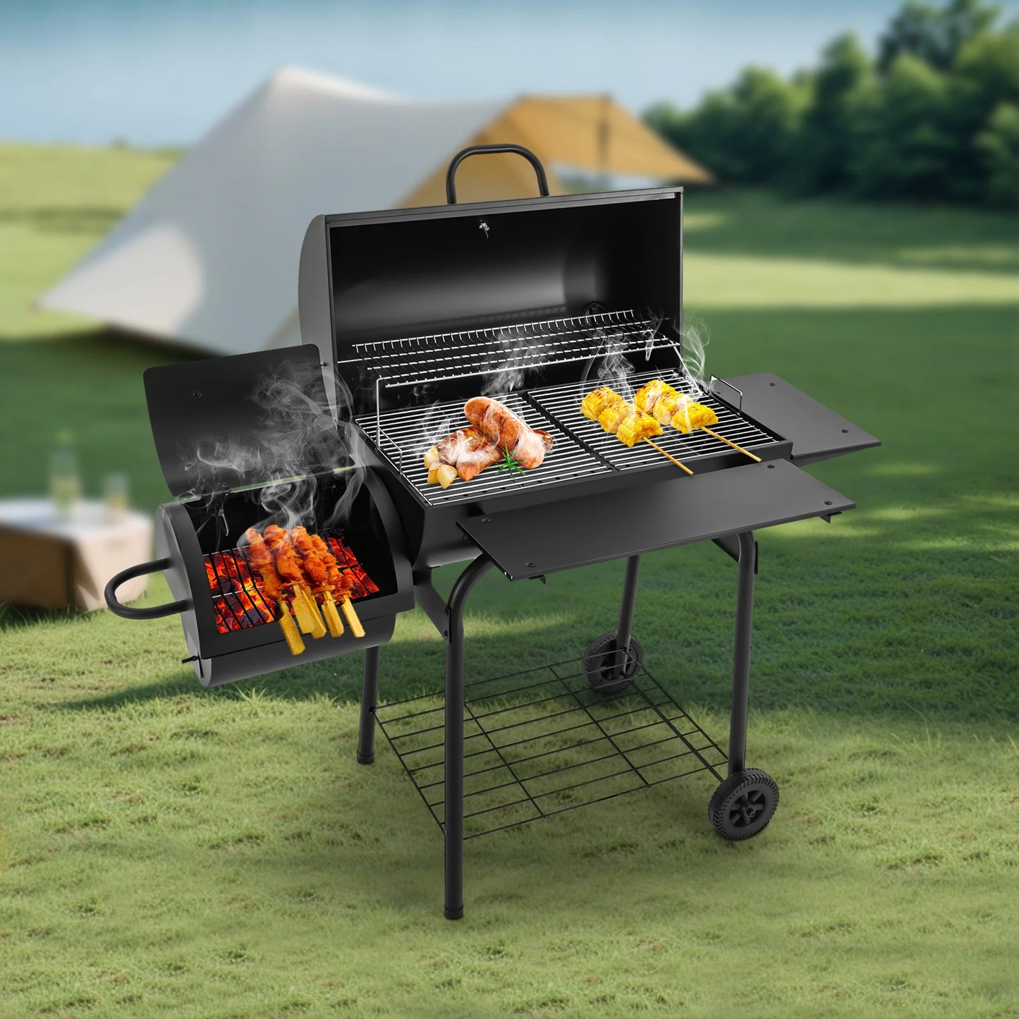 Houtskool BBQ – Barbecue – Grill – Buitenkeuken – Tuinbarbecue – 39x34 Cm Grilloppervlakte – Temperatuurmeter In Deksel