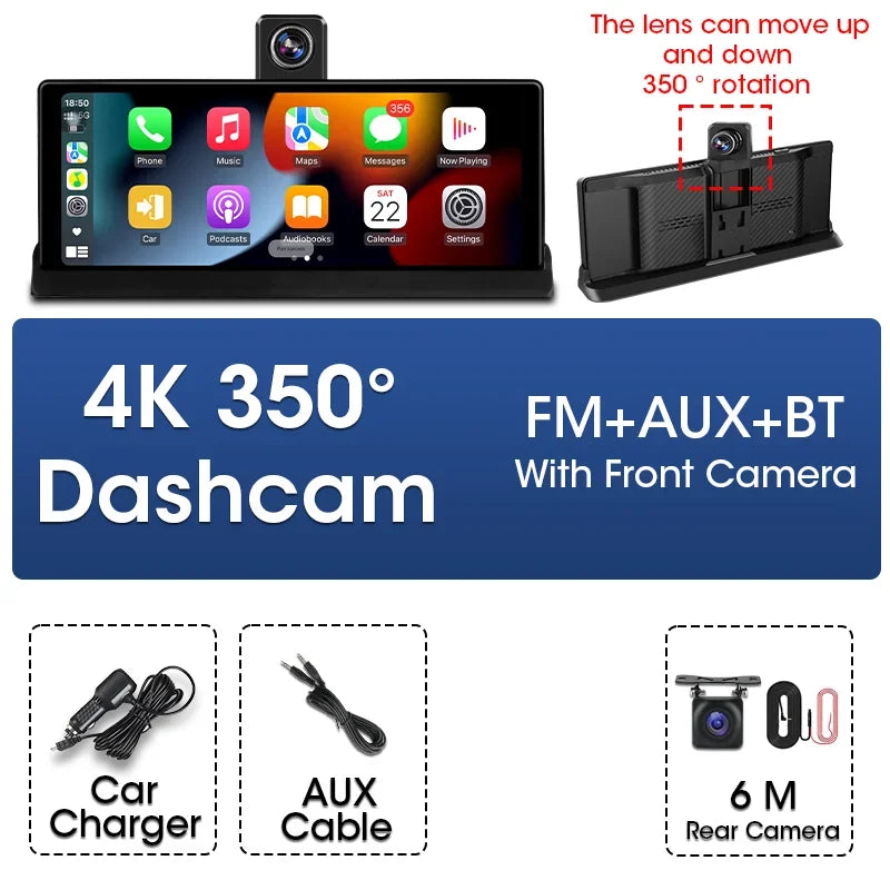 Dashcam voor Auto - 10.26” 4K Dashcam – CarPlay & Android Auto – 350° Rotatie – 6M AHD Achtercamera – Nachtzicht & Rijassistentie - Zwart
