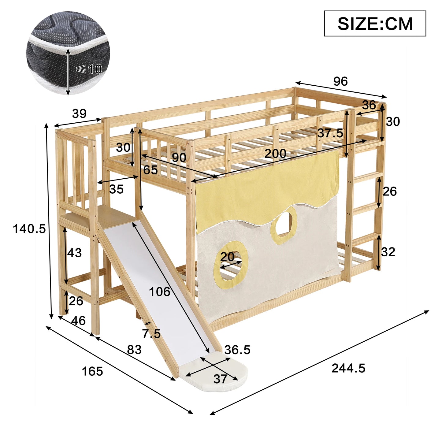 Kinderhoogslaper – Stapelbed – Hoogbed – Speelbed – Bed met Glijbaan – Wit – Ruimtebesparend Ontwerp – Stevig MDF en Grenen Hout