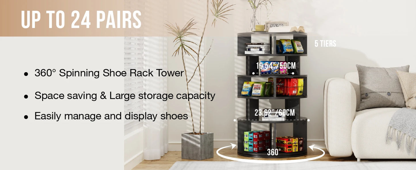 Draaibare Schoenenkast – Schoenenrek – Schoenendisplay – Schoenopberger – Organizer – 360° Draaibaar – Vijf Vakken – Stevig Hout - 60 x 60 91 cm - Zwart