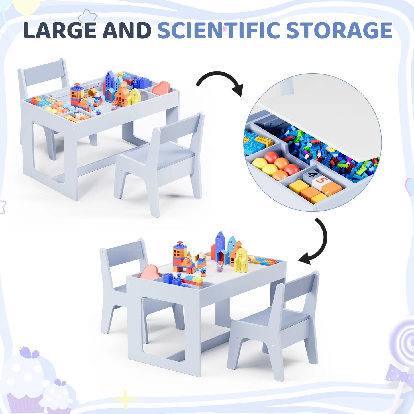 Kindertafel Met 2 Stoeltjes – Speeltafel – Tafelset – Kindertafel Hout – Krijtbord Tafel – Multifunctioneel – Met Opbergruimte - QUORE