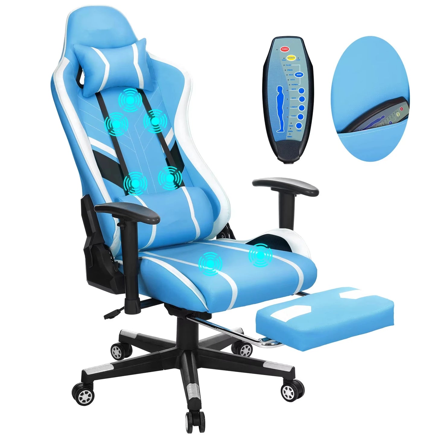 Gamingstoel – Bureaustoel – Massagestoel – Relaxstoel – Office Chair – Ingebouwde Massagefunctie – Verstelbare Rugleuning 175° - Blauw-Wit