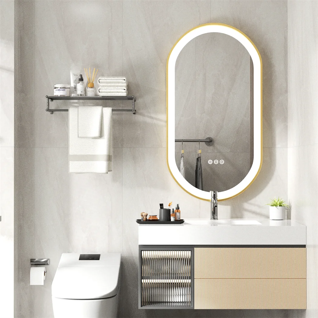 Badkamer Spiegel - Ovalen LED - Wandspiegel - Gouden Aluminium Frame - met Demister Pad - 3 Lichteffecten - 120X60cm