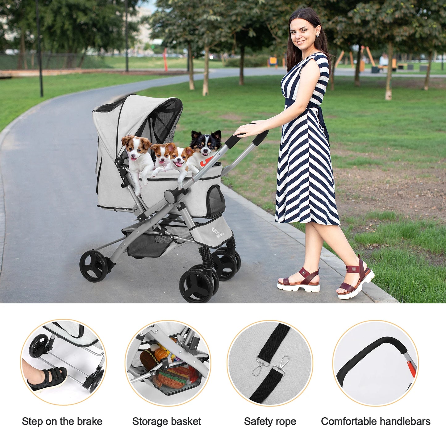 Hondenbuggy - Hondenkar - Kattenbuggy - Opvouwbare - Huisdierenbuggy - met Roterende Wielen en Rem – Tot 36 kg – Opvouwbaar met Opbergmand voor Kleine en Middelgrote Honden - Grijs
