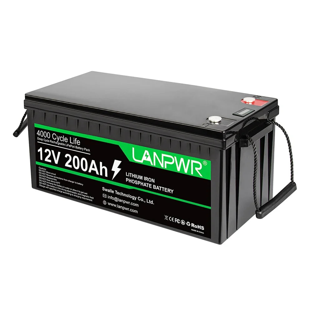 LANPWR 12V 200Ah With Screen LiFePO4 Battery Built-in 100A BMS 2560Wh Energy Max 1280W Load Power Solar Energy Storage
