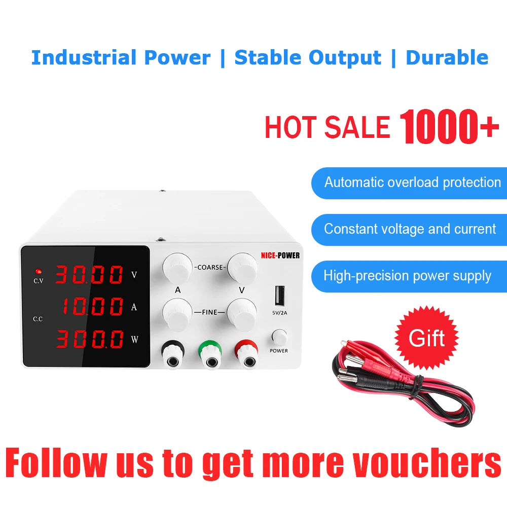 Lab Power Supply - DC Power Supply - Adjustable Power Supply - Power Supply - Adjustable Voltage Regulator - Function Generator - 30V - 10A - 220V - Power Supply Voltage Regulator - Black