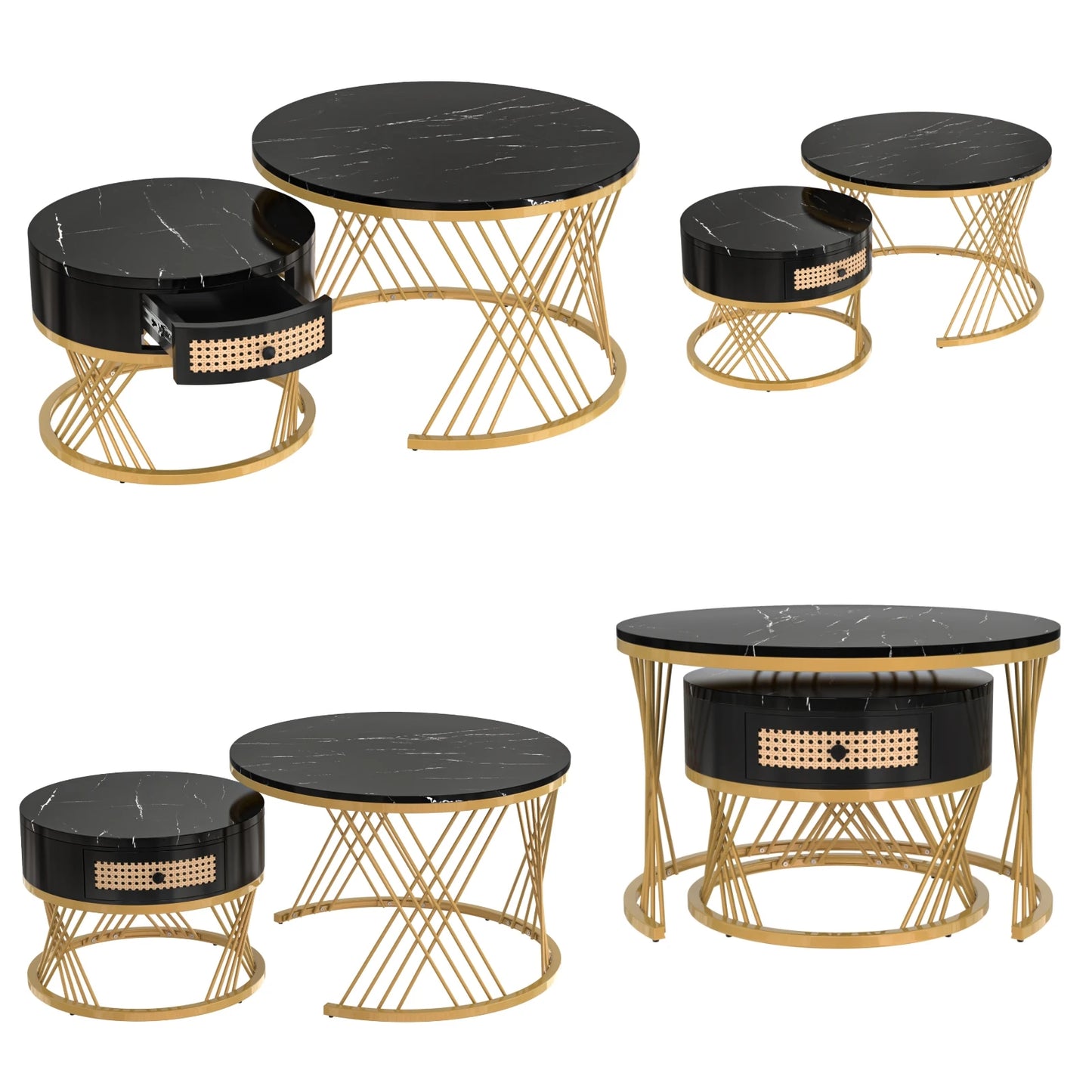 Salontafel – Koffietafel – Bijzettafel – Tafeltje – Tafelset – MDF Marmerlook Blad – Gouden Metalen Poten – 2-in-1 Set Met Lade – Afm. 70x70x45,5 & 50x50x38,5 cm