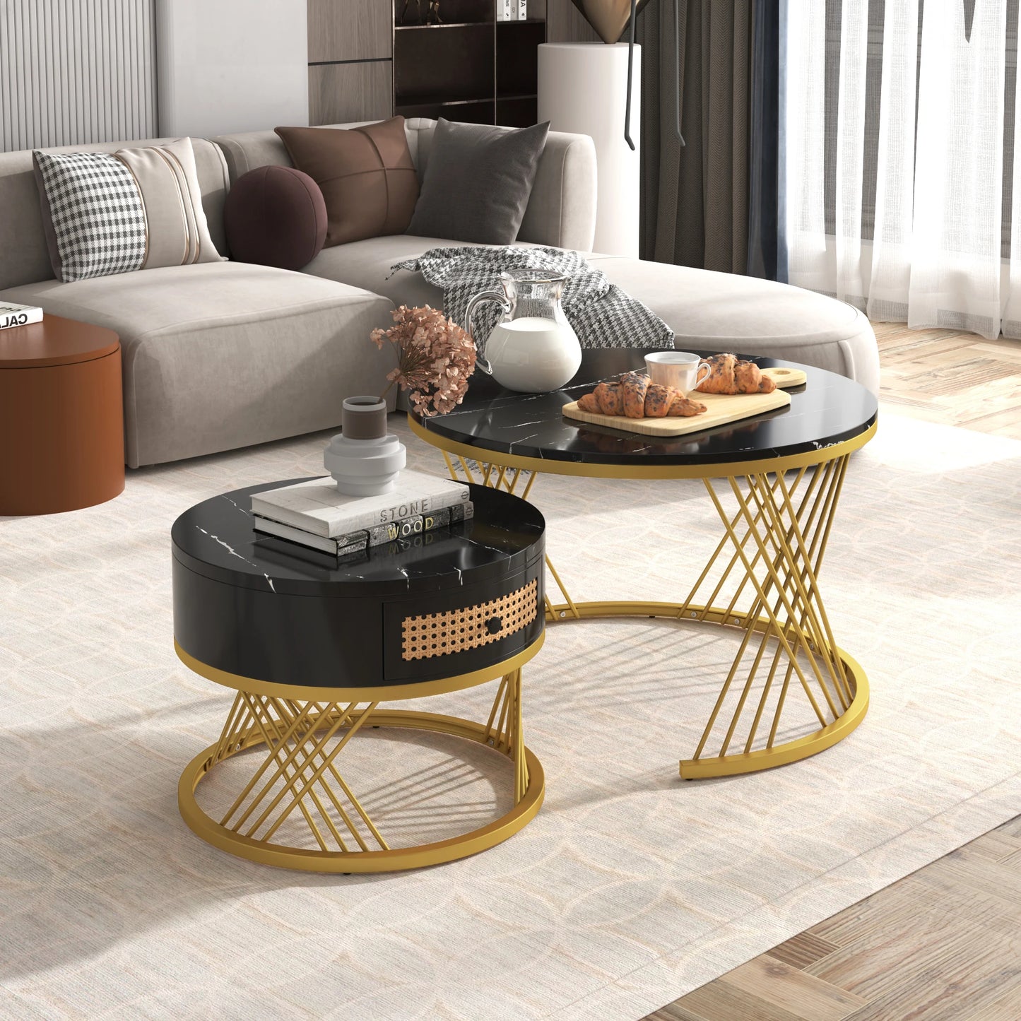 Salontafel – Bijzettafel – Opbergtafel – Woonkamertafel – Compact – Marmerlook Blad – Opberglade - Wit