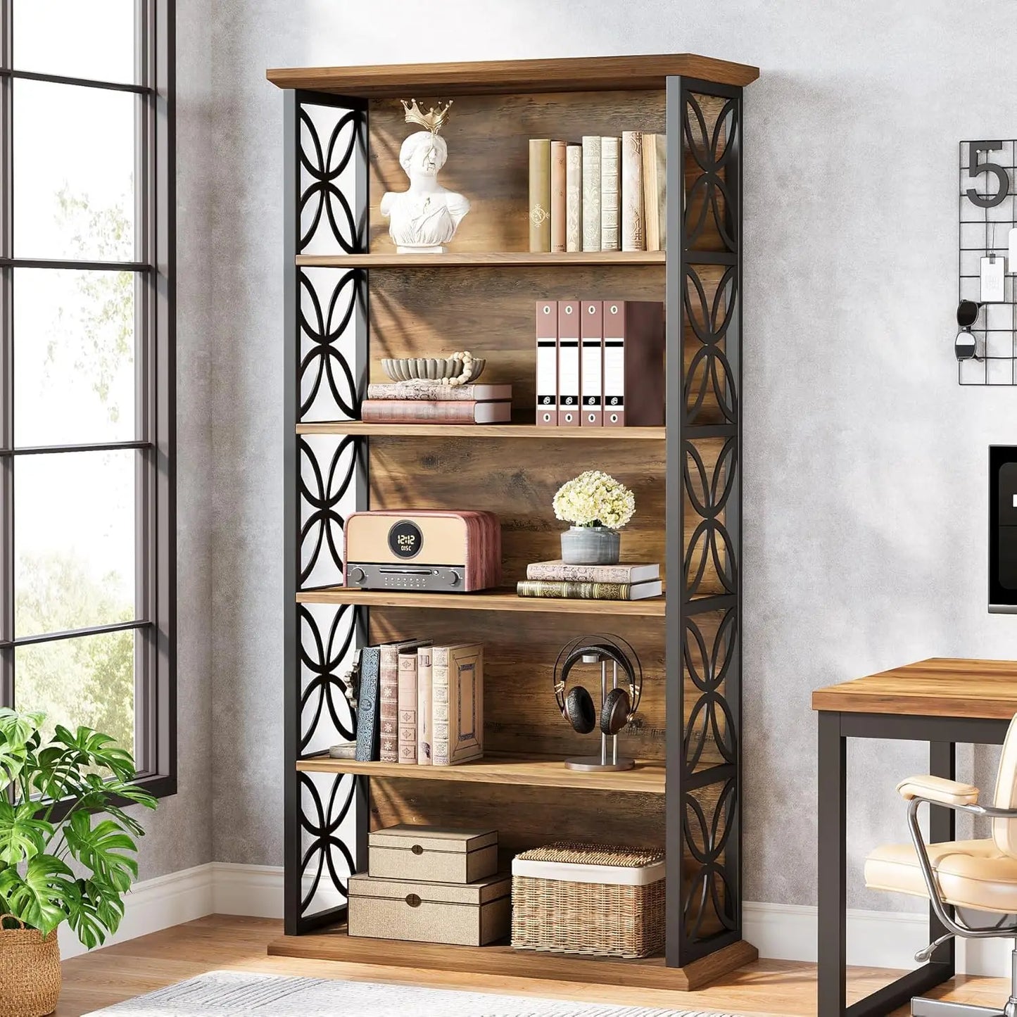 Boekenkast – Boekrek – Wandkast – Opbergkast – Industrieel Design – Stalen Frame – Waterbestendige MDF Planken - 80 x 30 x 180 cm - Bruin