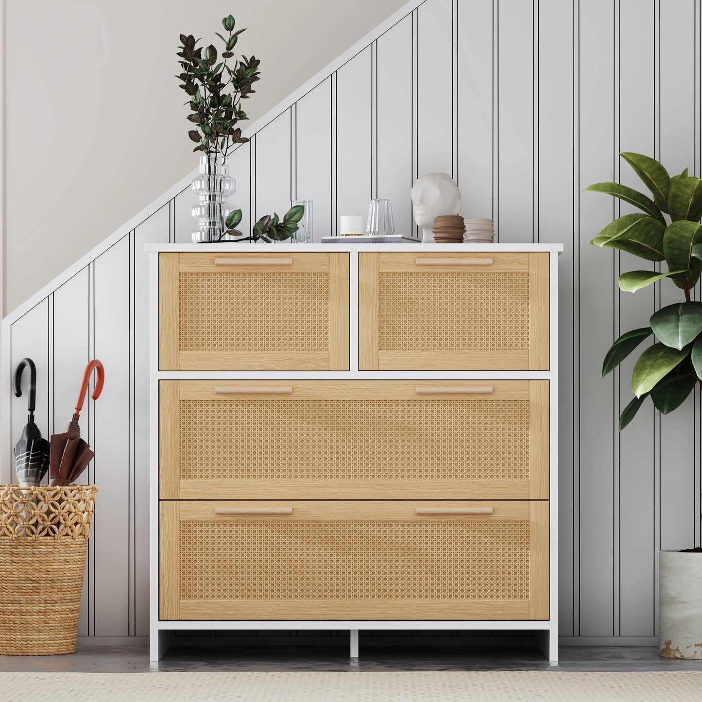 Kast – Opbergkast – Ladekast – Rietenkast – 4 Laden – Natuurlijk Materiaal – Kantelbeveiliging - 80 x 80 x 38 cm - Lichte Koffie