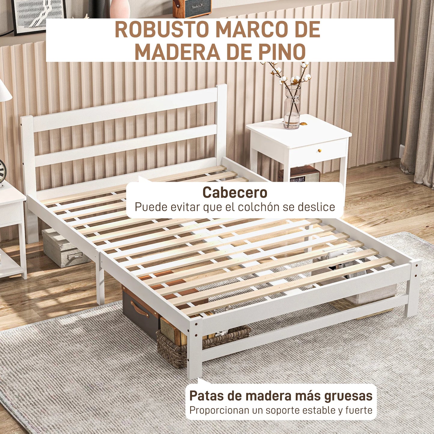 Houten Bedframe – Stevig Bed – Slaapkamer Bed – Robuust Bed – 140x195 Cm – Draagvermogen 300 Kg – Witte Afwerking - QUORE