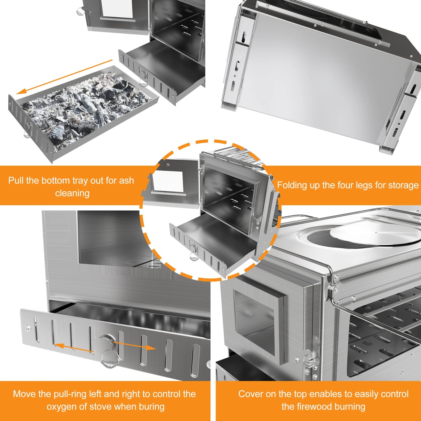 Camping Houtkachel - Houtkachel Stove - Draagbaar Houtkachelfornuis - Outdoor Houtkachel - RVS - Lichtgewicht - Houtskool Barbecues - voor Tentverwarming & Outdoor Cooking - Zilver - QUORE