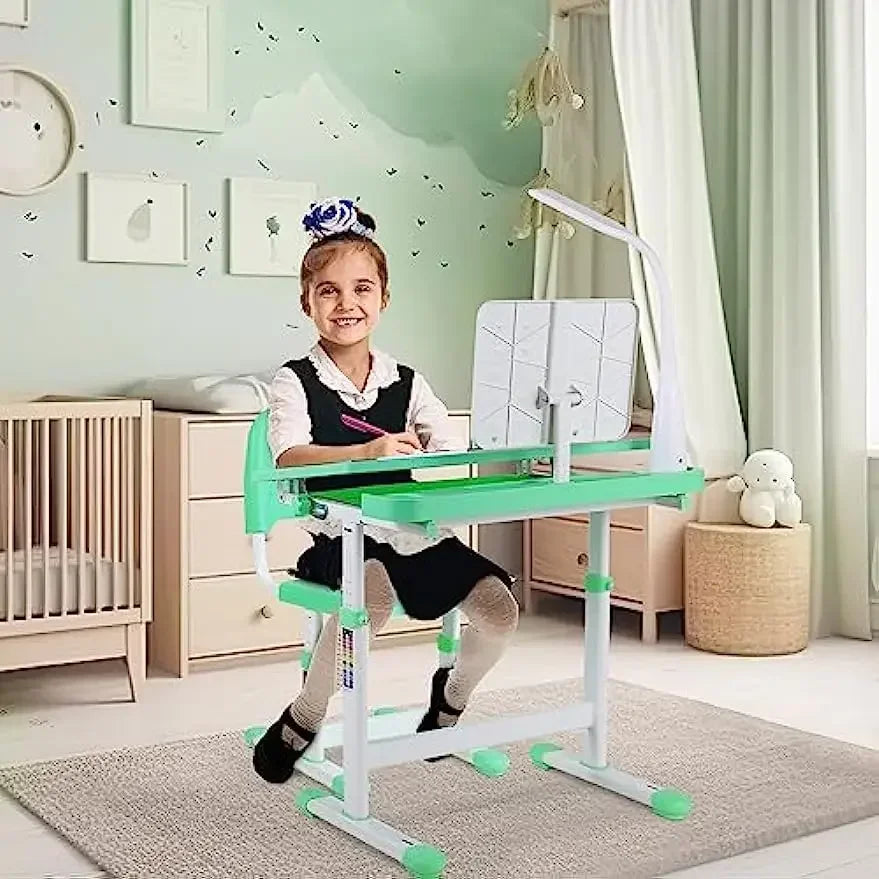 Kinderbureau en Stoel Set – Kindermeubel – Schrijftafel – Studiebureau – Kinderwerkplek – Verstelbare Hoogte 54-76 cm – LED Leeslamp met 3 Helderheidsniveaus - Lichtgroen