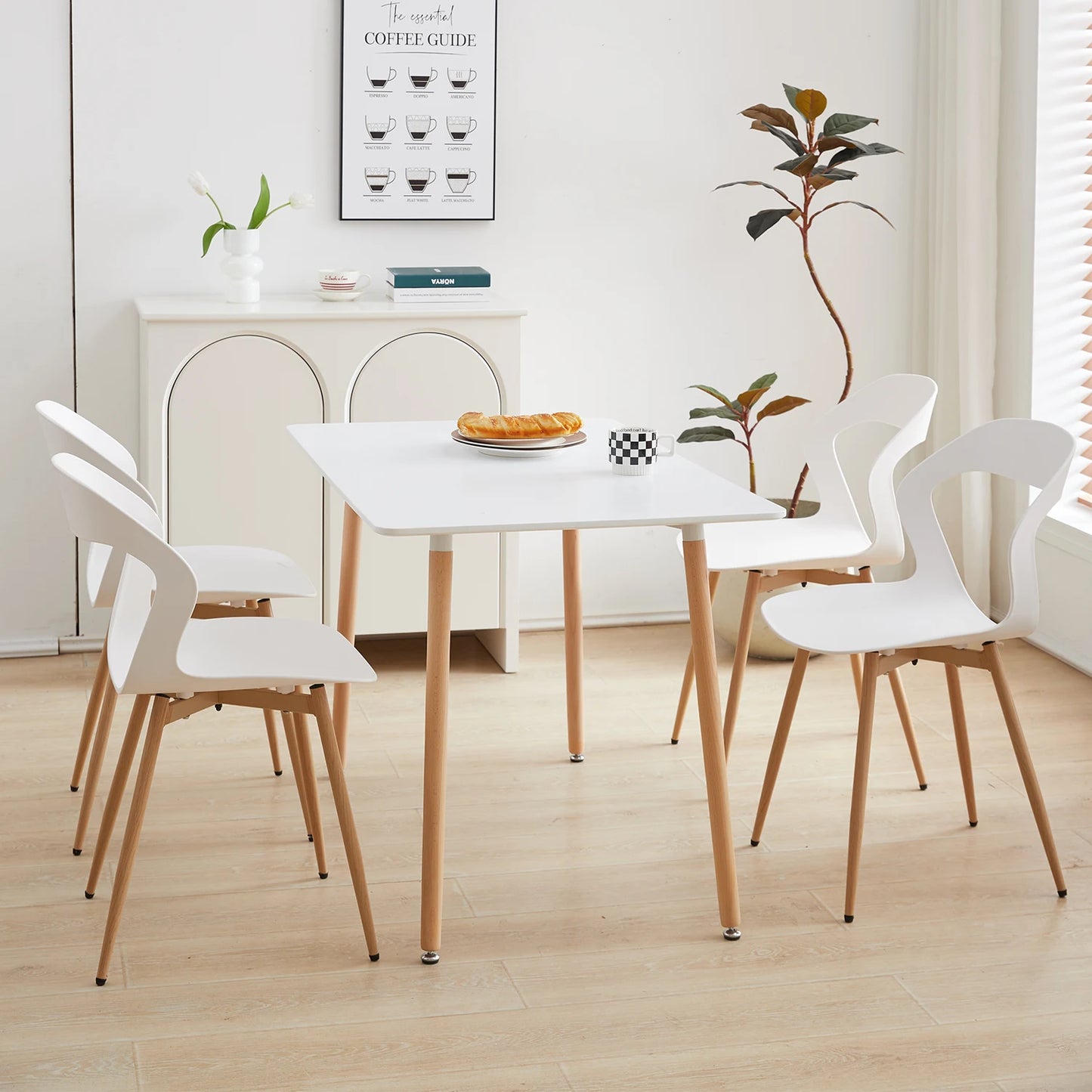Set van 6 Witte Eetkamerstoelen – Stoelen – Vergaderstoelen – Krukken – Design Stoelen – Scandinavisch Design – Duurzaam Kunststof – Metalen Poten met Houtlook
