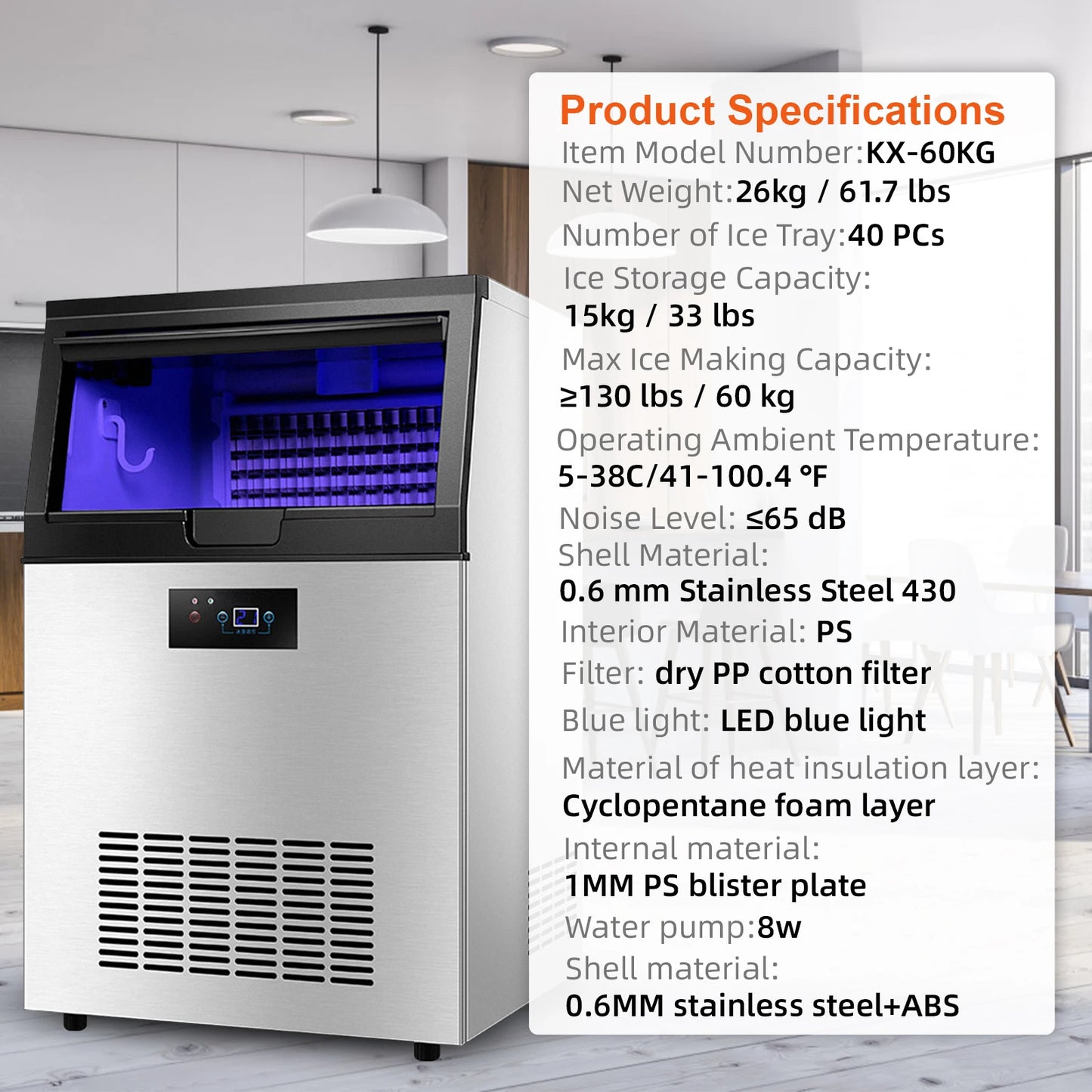 IJsMaker – IJsblokjesmachine – IJsblokjesmaker – Professionele IJsmachine – 60 Kg Per Dag – Instelbare Ijsdikte – Stil En Energiezuinig