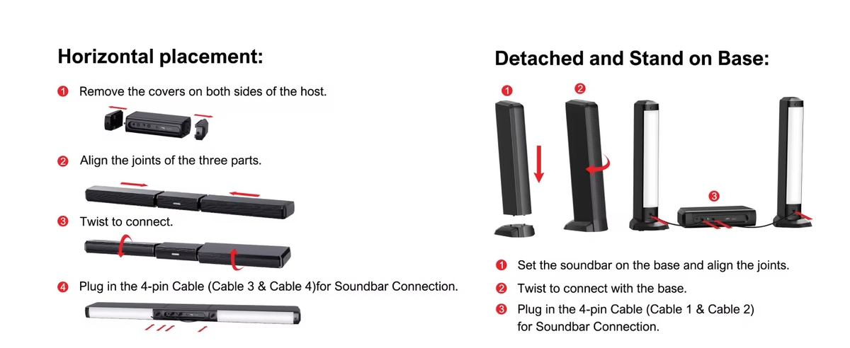 Soundbar - Soundbars voor TV en Theater - Soundbar met Subwoofer - 5.0ch - Sound Bar voor Smart TV - PC - Met RGB-verlichting - Afneembare - Met App-bediening - HDMI - ARC - OPT - AUX - EU Stekker - Zwart - QUORE