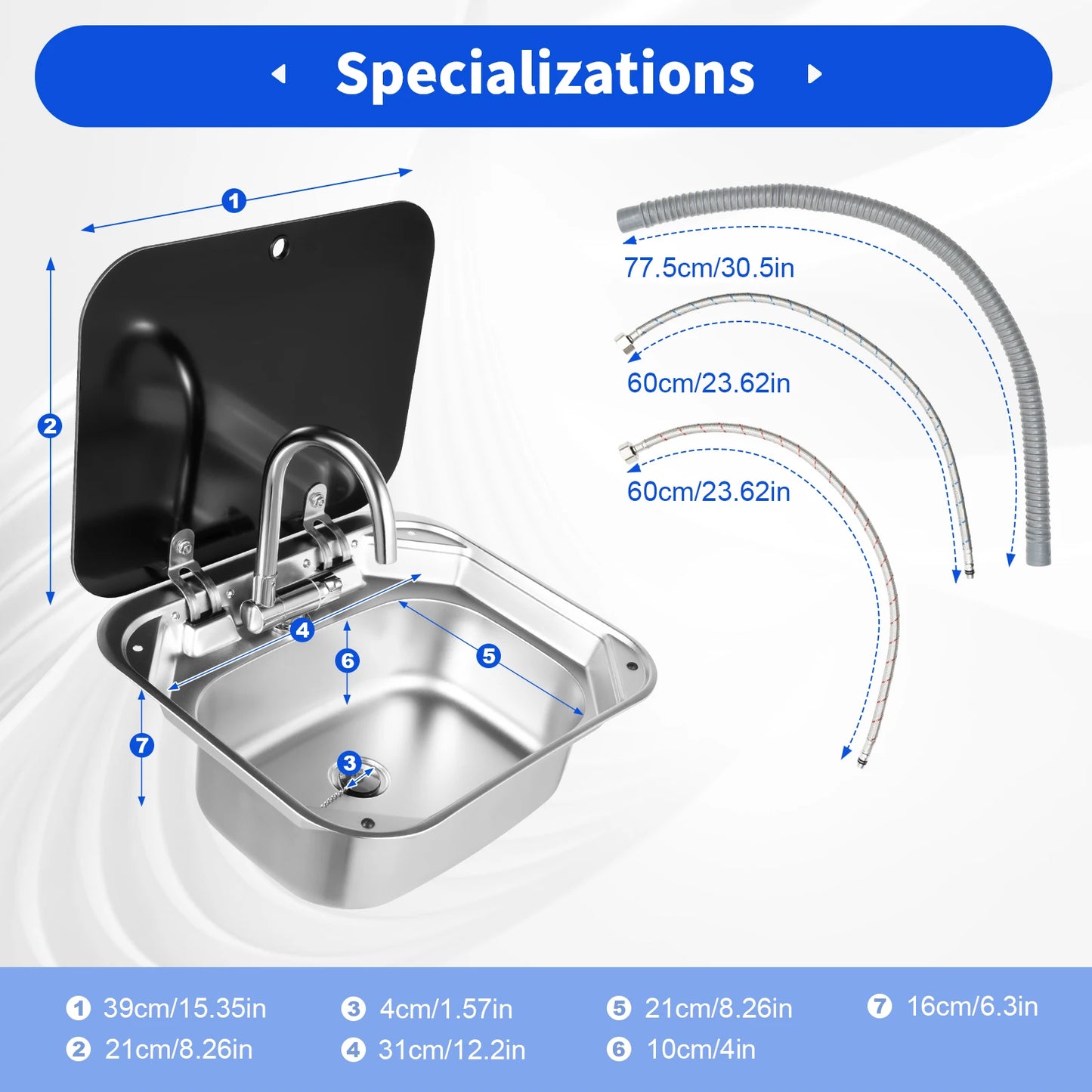 Spoelbak – Compacte Spoelbak – Camper Spoelbak – Kleine Keuken Spoelbak – Roestvrij Staal – Gehard Glas – Inklapbare Kraan