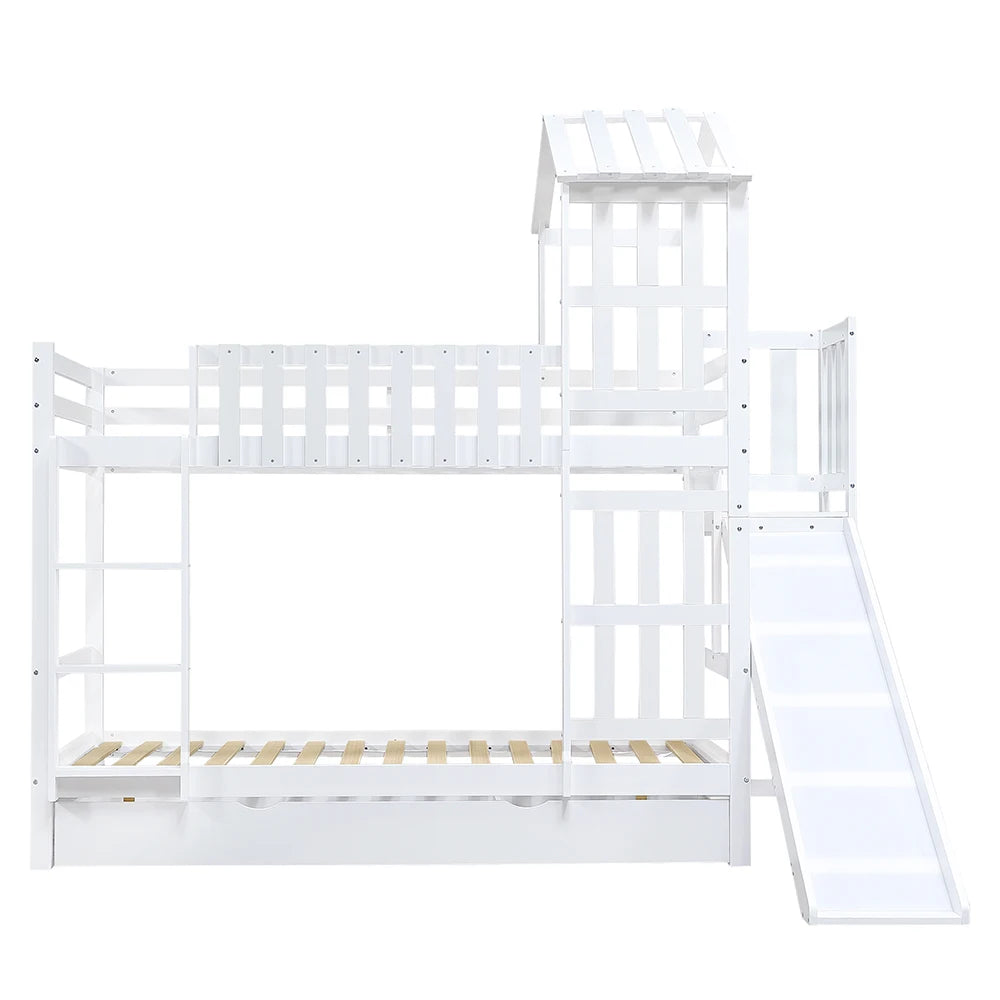 Kinder Stapelbed – Kinderbed – Bunkbed – Hoogslaper – Stapelbed Met Glijbaan – Wit – 90x200 cm – Grote Lade Op Wieltjes – Stevig Massief Hout