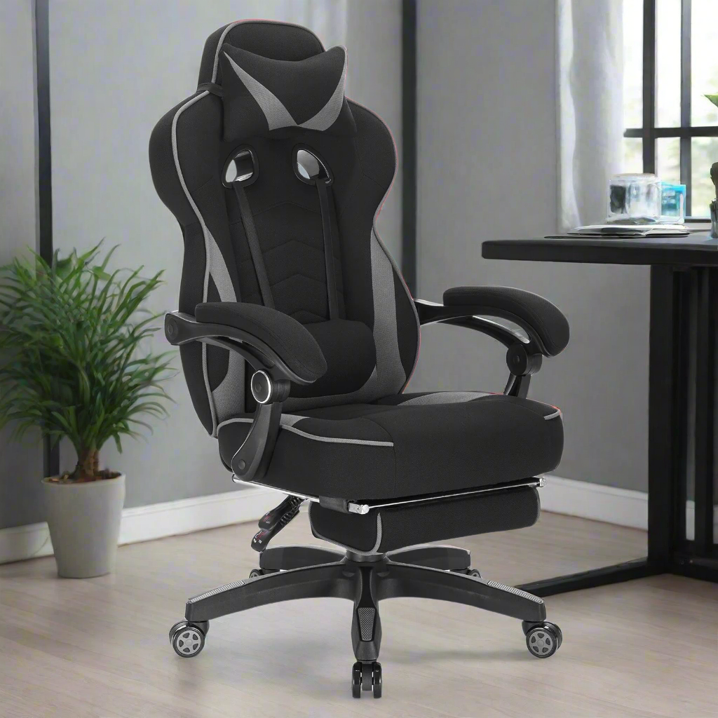 Ergonomische Gaming- en Bureaustoel – Comfortabele Werkstoel – Verstelbare Rugleuning – Voetensteun – Stof – Maximale Draagkracht 120 Kg – Zwenkwielen - Grijs