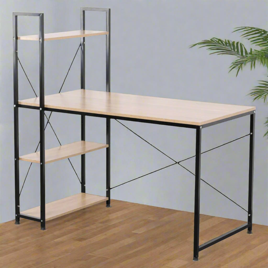 Desk - Corner Desk - Computer Table - Office Desk - with 4 Shelves - Compact Workstation - For Gaming - Studying - Office - Laptop or PC Table - E1 Wood & Metal - 120x64x120 cm - Light Oak and Black