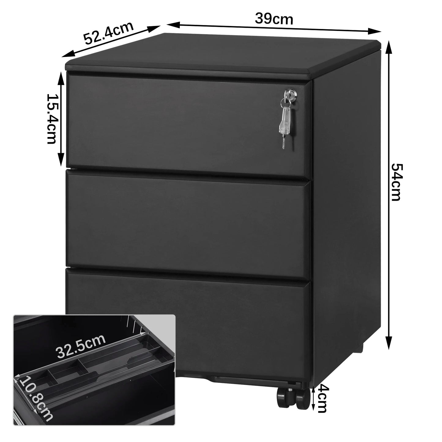 Mobiele Archiefkast - Metalen Kast - Kantoorkast - Opbergkasten - 3 Lades – Lockable & Verstelbare Hangmappen – Wit