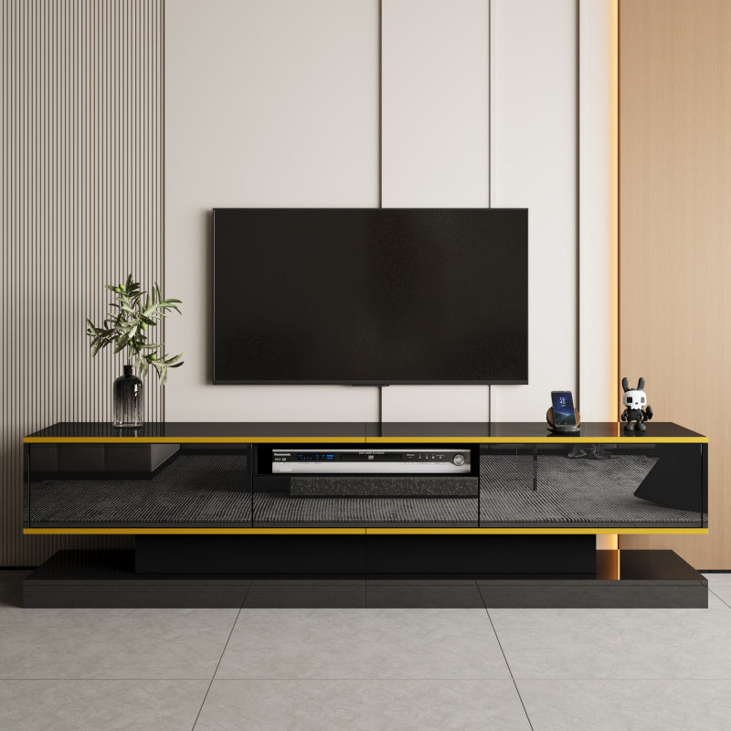 Modern Tv-meubel – Tv-kast – Entertainmentmeubel – Opbergmeubel – Woonkamermeubel – Zwart Hoogglans Met Gouden Accenten – 3 Laden + Open Vak Met Kleurveranderende LED – Ruimtebesparend 180x38x45 cm