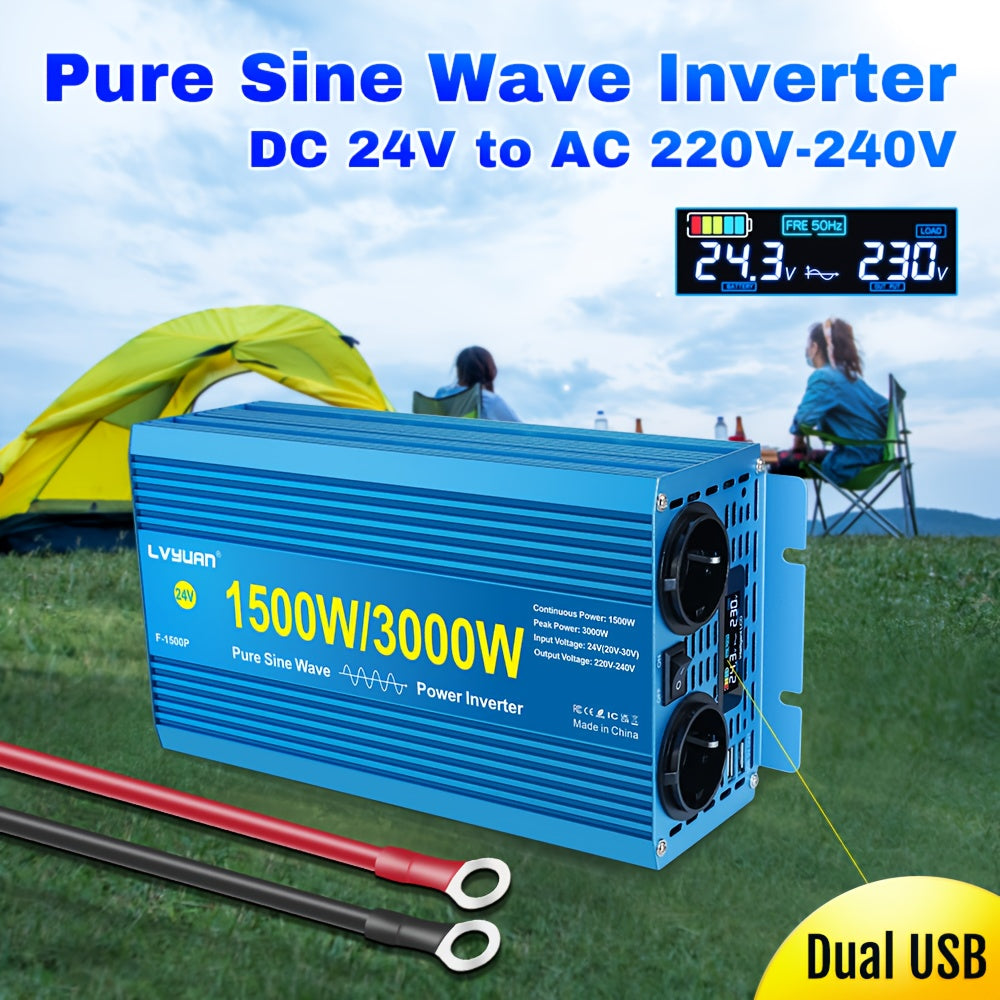Omvormer – Spanningsomvormer – Inverter – Converter – 24V Variant – 1500W Continu Vermogen – Zuivere Sinusgolf Met LCD Display