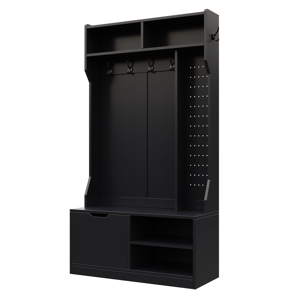 Kapstok – Garderoberek – Wandkapstok – Garderobe – Staande Kapstok – Compleet Garderobekast Met Bankje – 6 Haken – 100x185,5x40 cm – Zwart – Hoogwaardig Spaanplaat